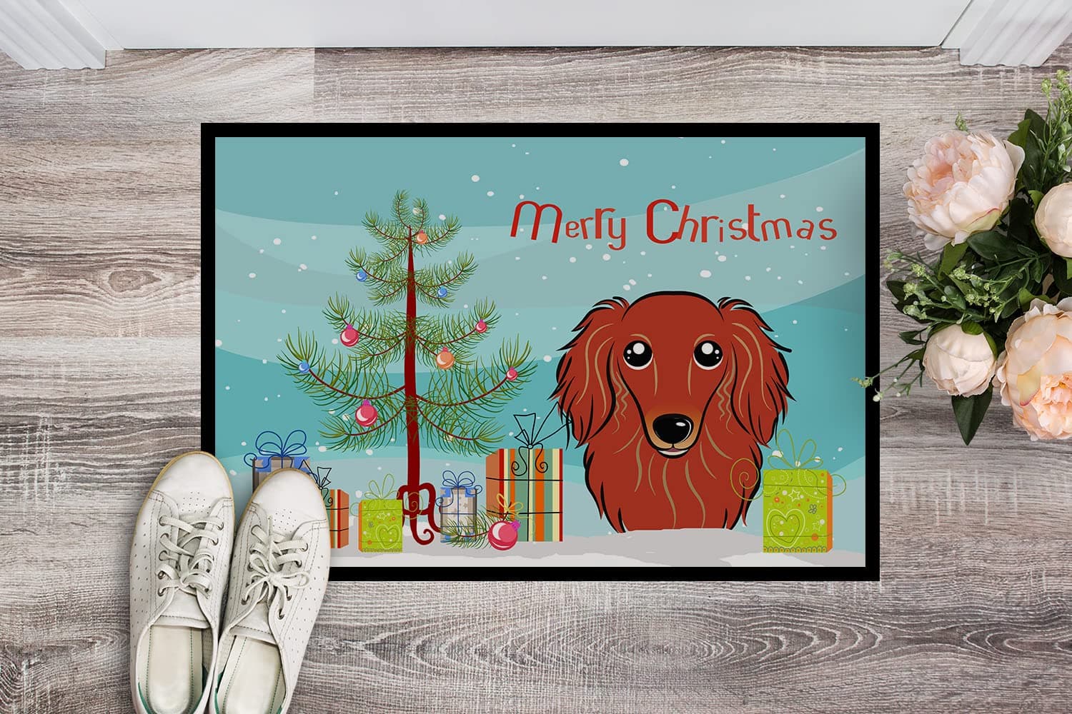 Caroline's Treasures BB1586MAT Christmas Tree and Longhair Red Dachshund Doormat - Thumbnail 2