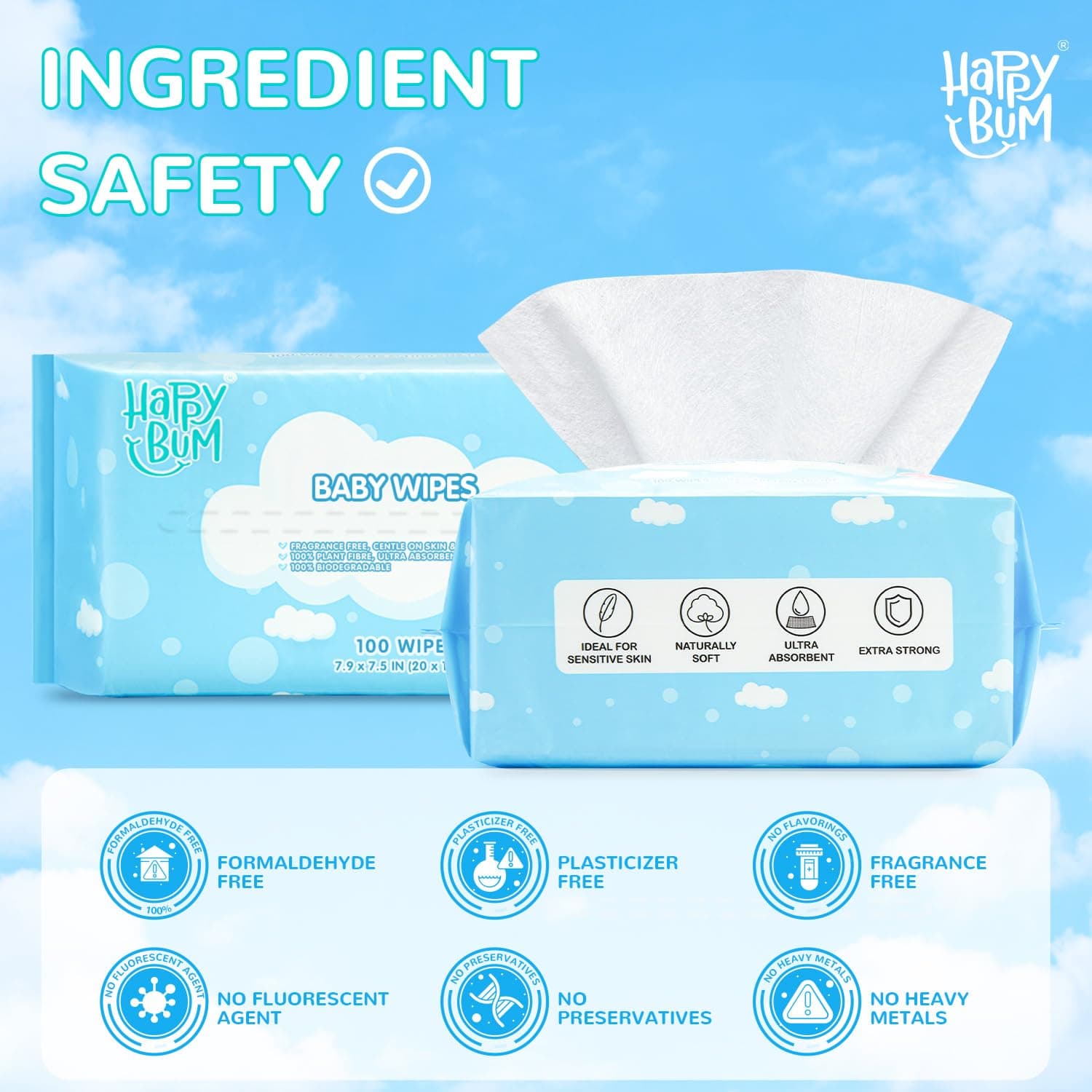 HAPPY BUM Baby Wipes Large Dry Wet Sensitive 600 Count 6 Packs - Thumbnail 5