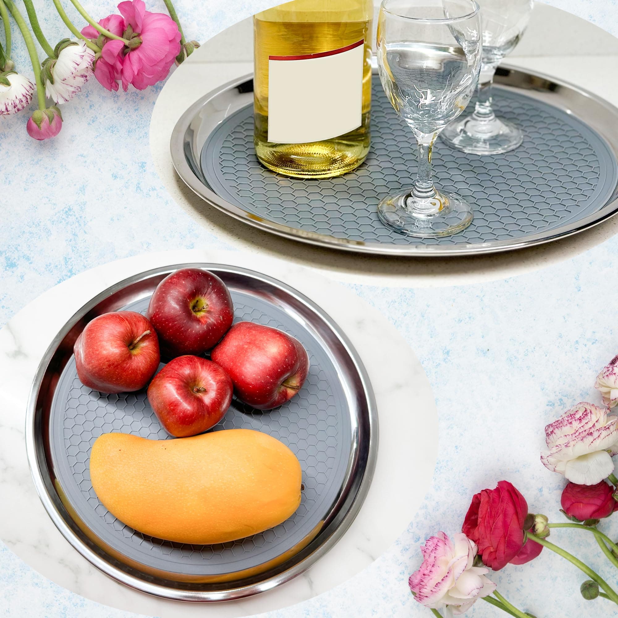 Olmaanseta Stainless Steel Round Serving Tray 13.3 Inches Bar Silver Tray 2 Pack - Thumbnail 3