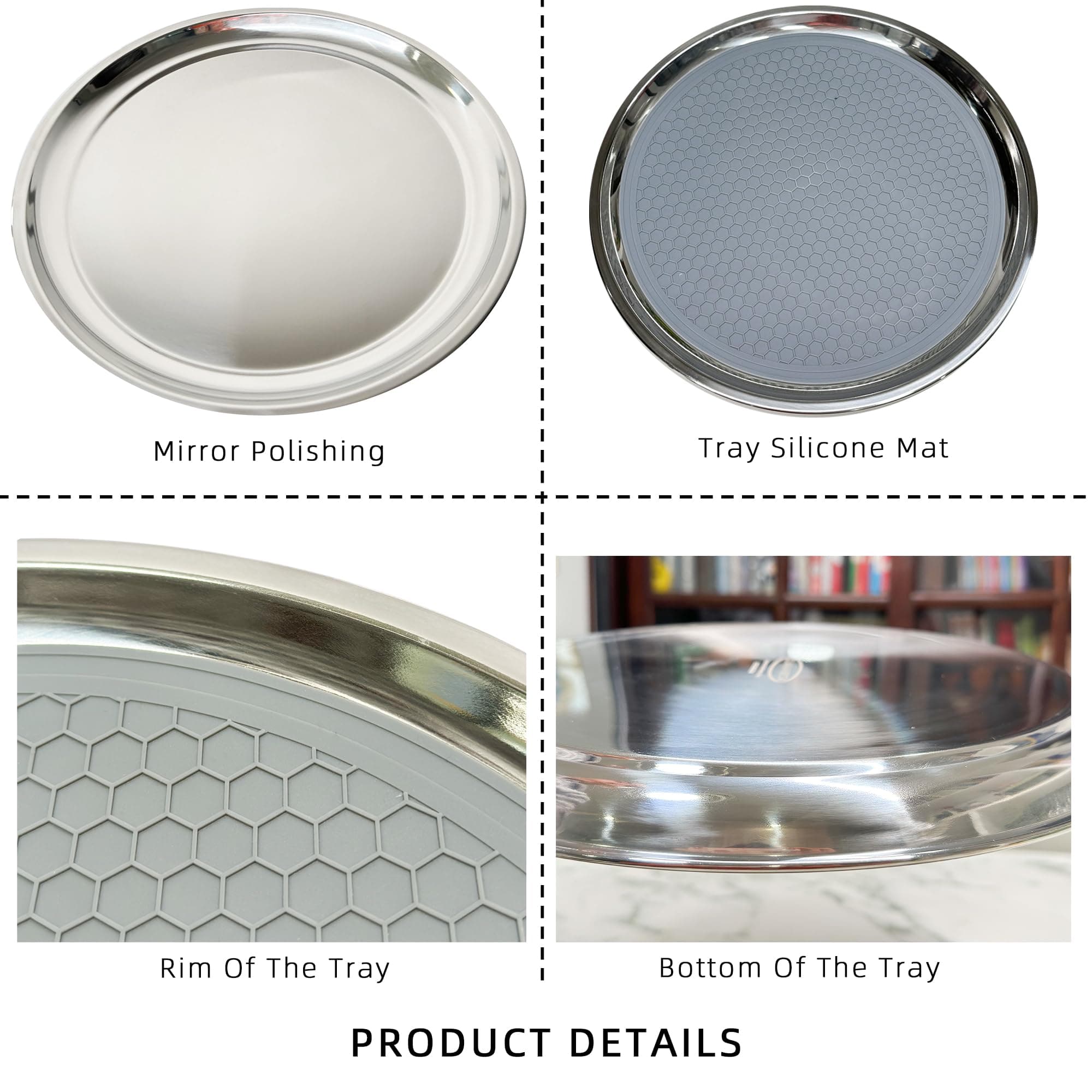Olmaanseta Stainless Steel Round Serving Tray 13.3 Inches Bar Silver Tray 2 Pack - Thumbnail 5
