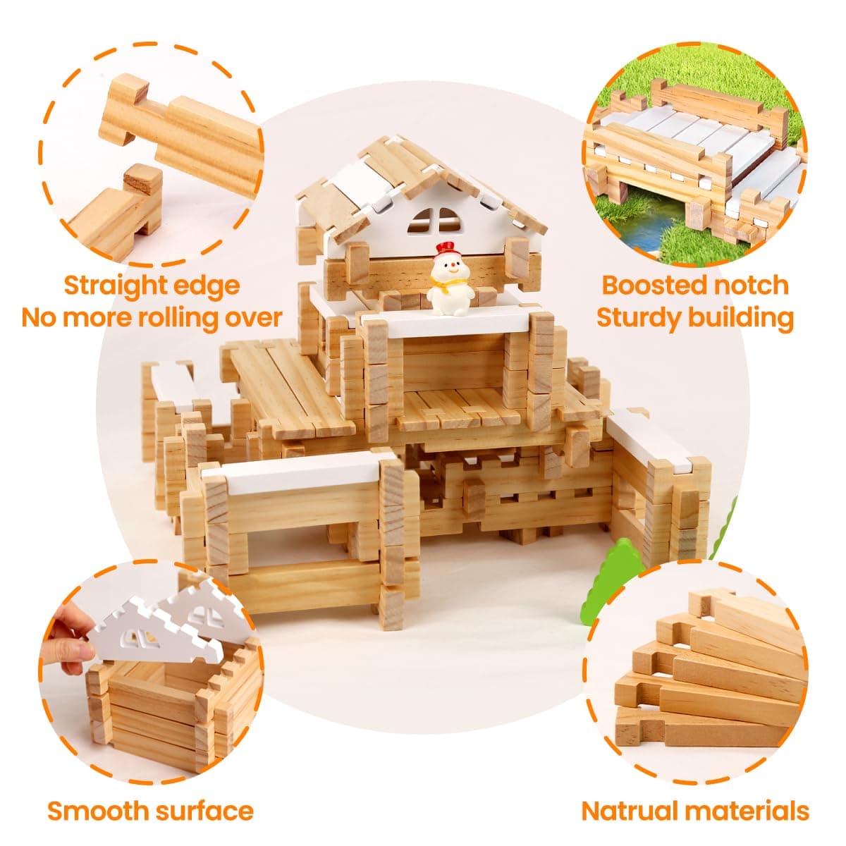 Jovi-mindly＆Notchies 96 PCS Wooden Blocks Wooden Toys with Storage Bag, Preschoo - Thumbnail 4