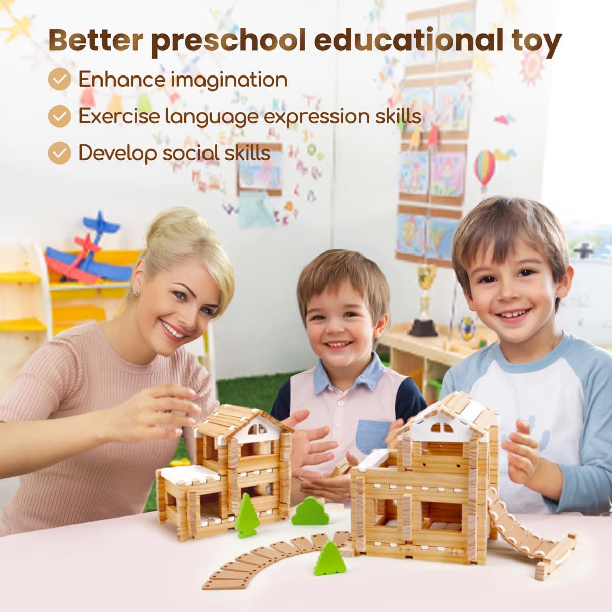 Jovi-mindly＆Notchies 96 PCS Wooden Blocks Wooden Toys with Storage Bag, Preschoo - Thumbnail 3