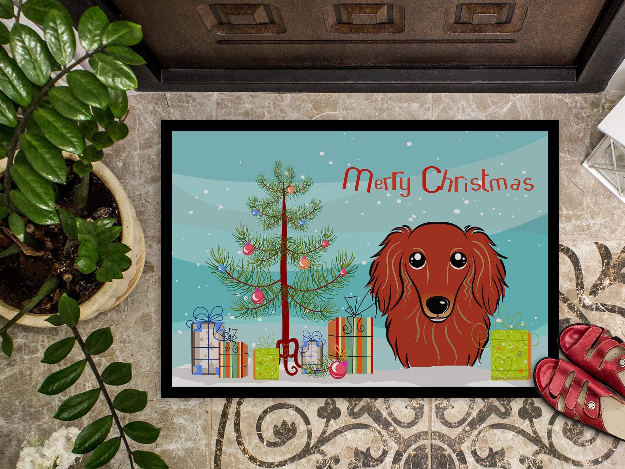 Caroline's Treasures BB1586MAT Christmas Tree and Longhair Red Dachshund Doormat - Thumbnail 3