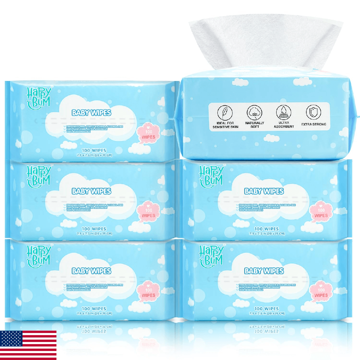 HAPPY BUM Baby Wipes Large Dry Wet Sensitive 600 Count 6 Packs - Image 1