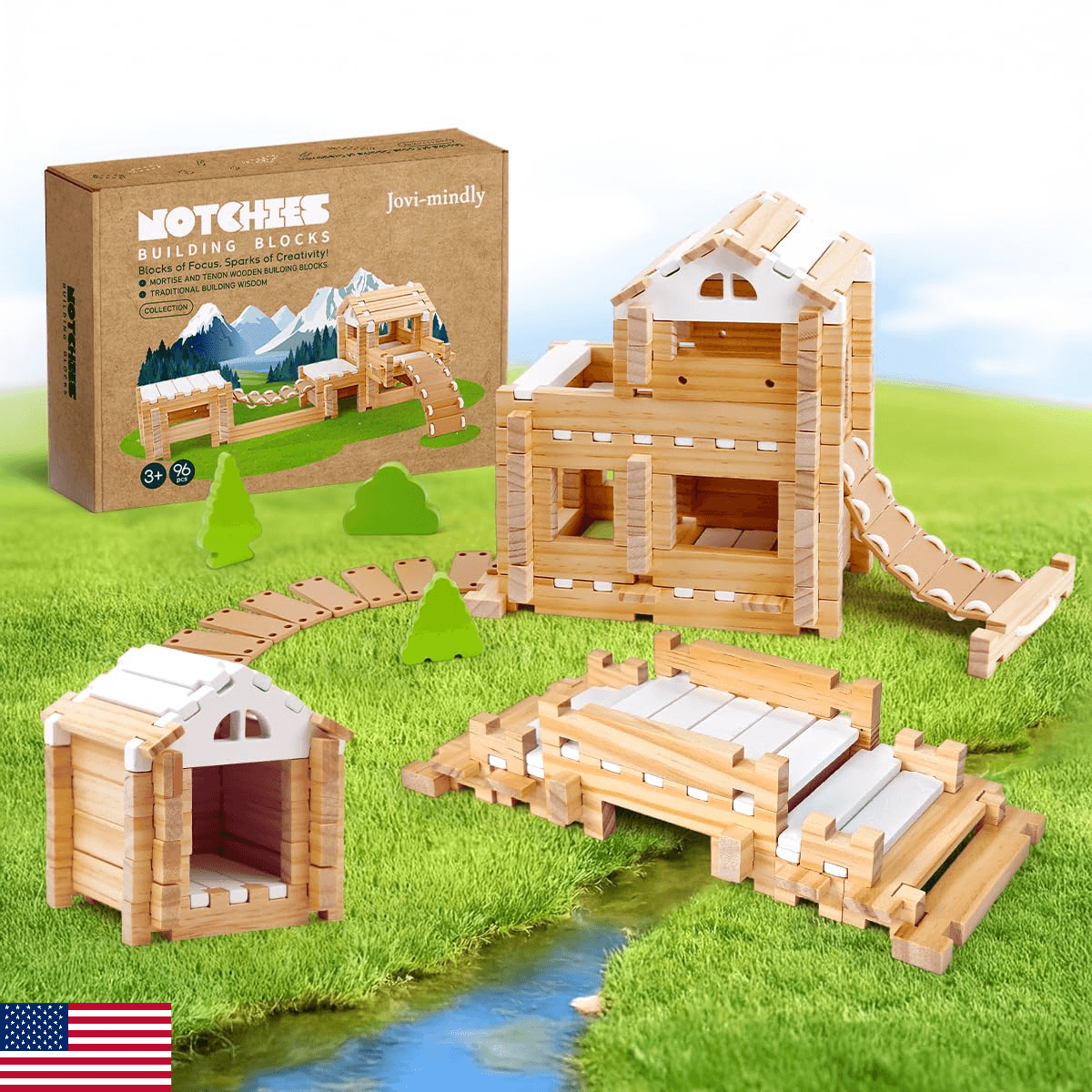 Jovi-mindly＆Notchies 96 PCS Wooden Blocks Wooden Toys with Storage Bag, Preschoo - Image 1