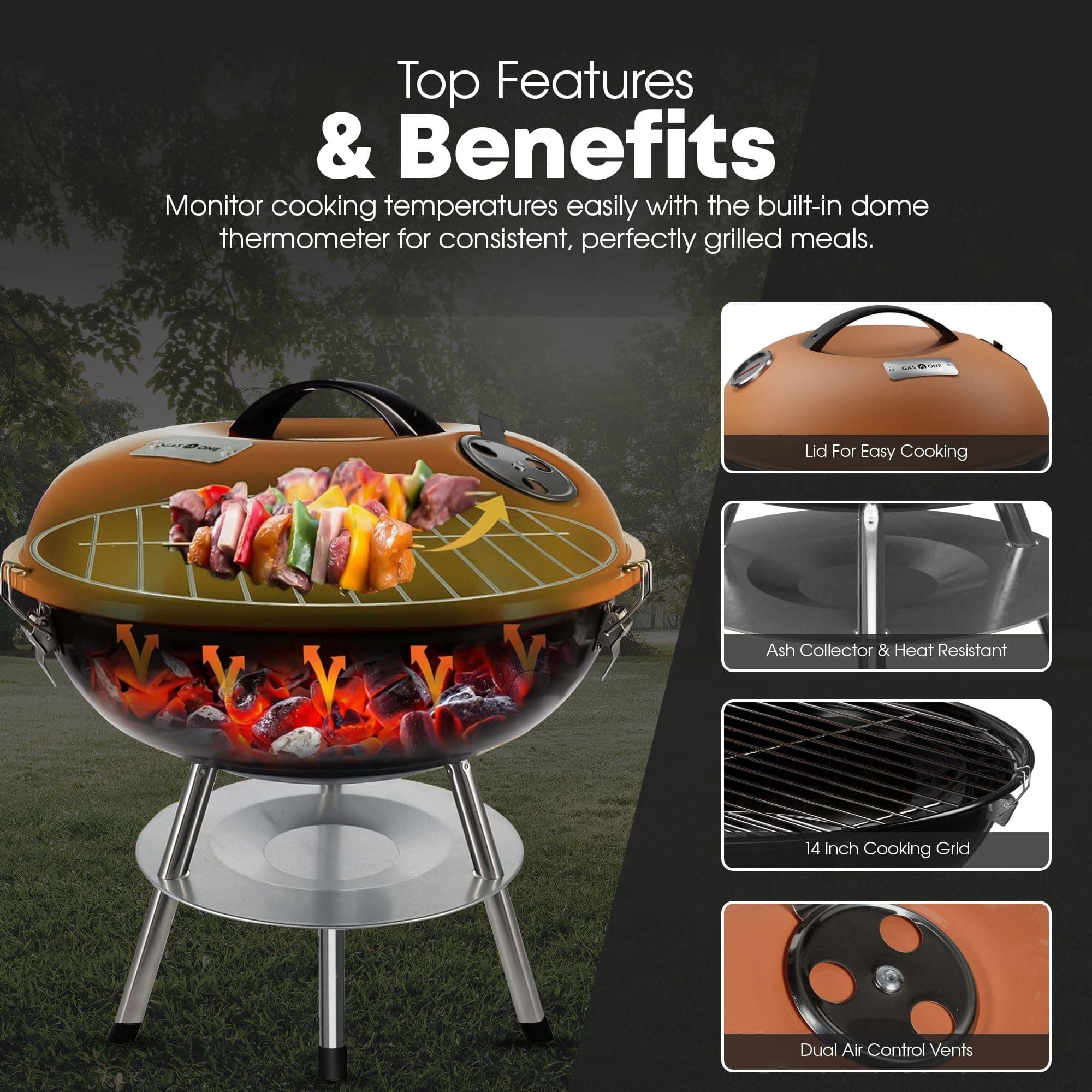 GasOne CG-14T – 14-inch Portable Barbecue Grill with 3-Point Locking Lid for Hea - Thumbnail 4