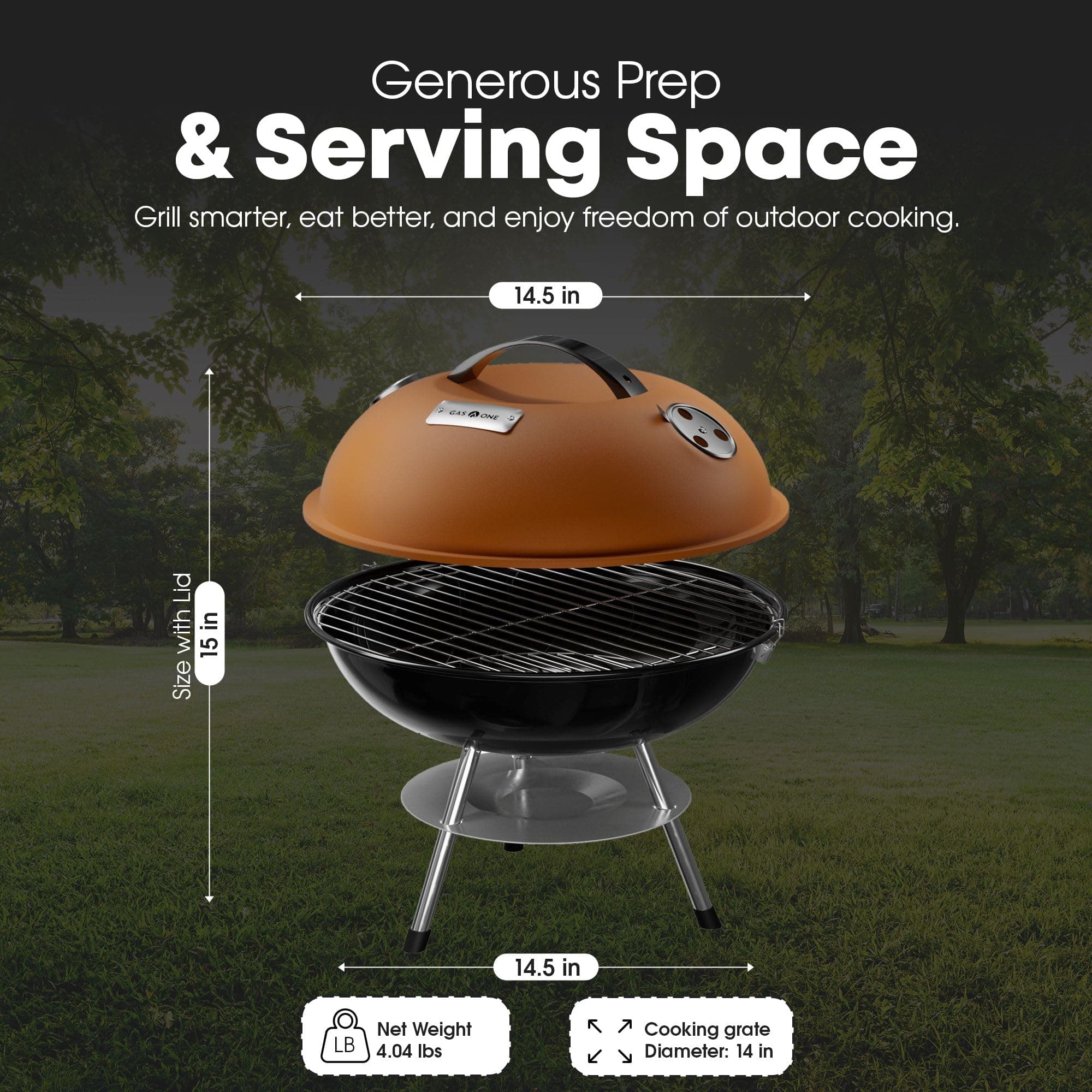GasOne CG-14T – 14-inch Portable Barbecue Grill with 3-Point Locking Lid for Hea - Thumbnail 3