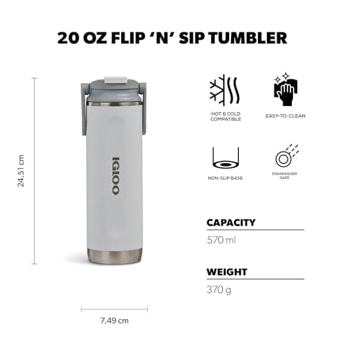 IGLOO Tumbler 20 Thermal Flask - Stainless Steel Drinking Bottle 600 ml, White, - Thumbnail 2