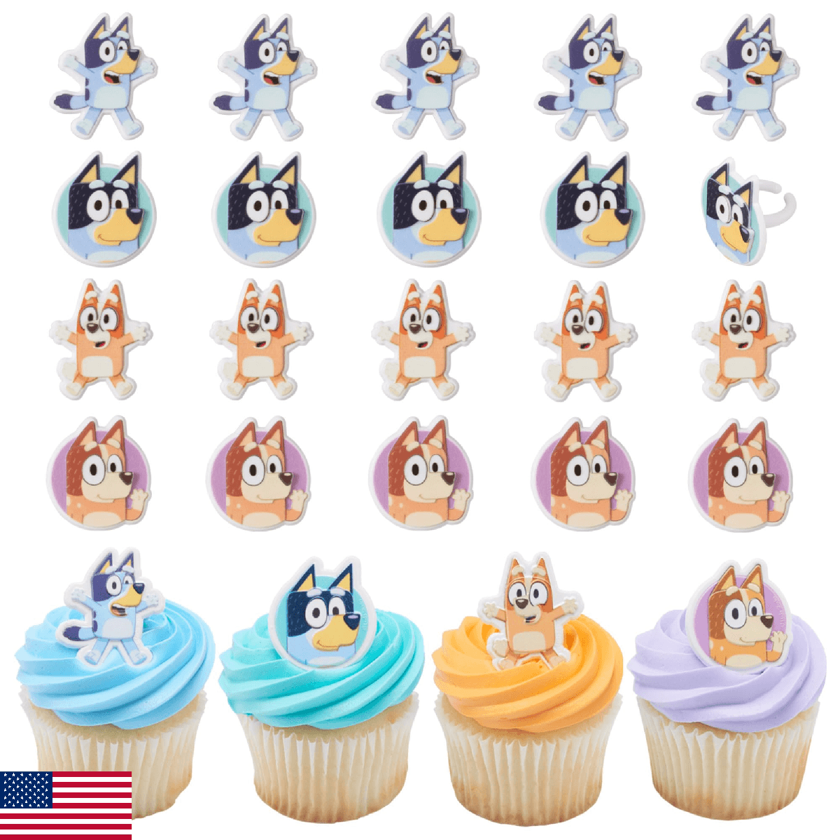 DecoPac Bluey & Friends Cupcake Rings, 24-Pack 3D Food Safe Cake Toppers - Image 1