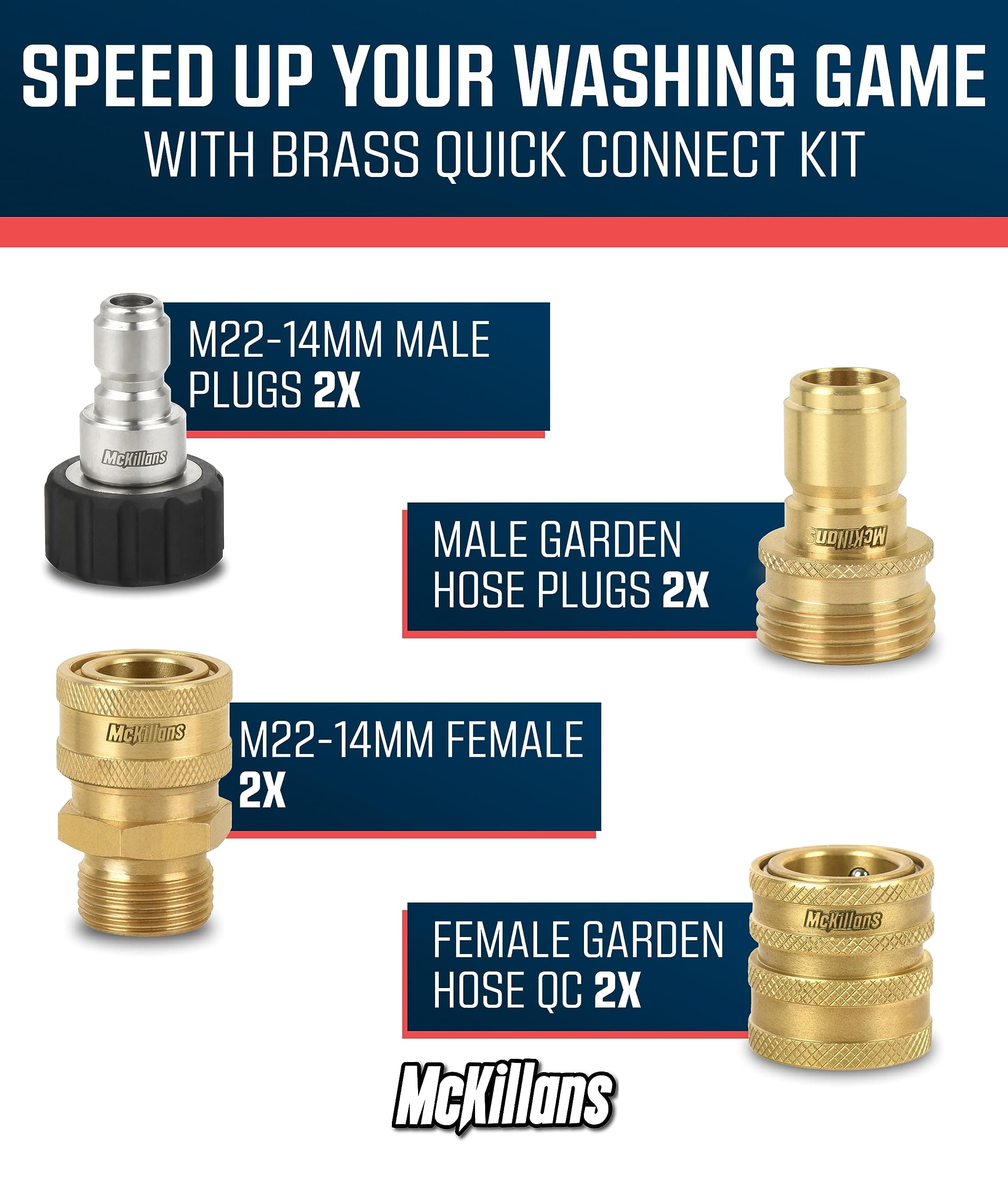 McKillans Pressure Washer Quick Connect Kit M22-14mm 3/8" Male/Female Brass - Thumbnail 2