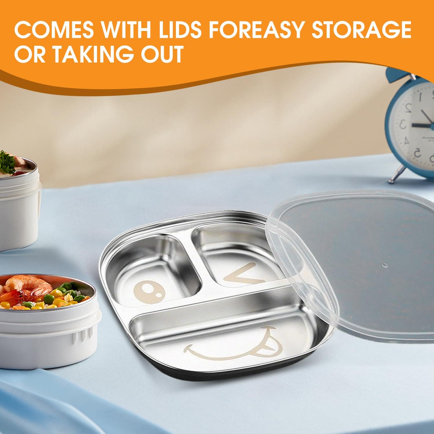 TAOceeXI Stainless Steel Kids Plate with Lid | 3-Pack Durable Divided Toddler Pl - Thumbnail 7