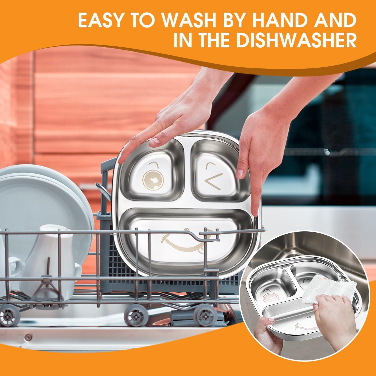 TAOceeXI Stainless Steel Kids Plate with Lid | 3-Pack Durable Divided Toddler Pl - Thumbnail 4