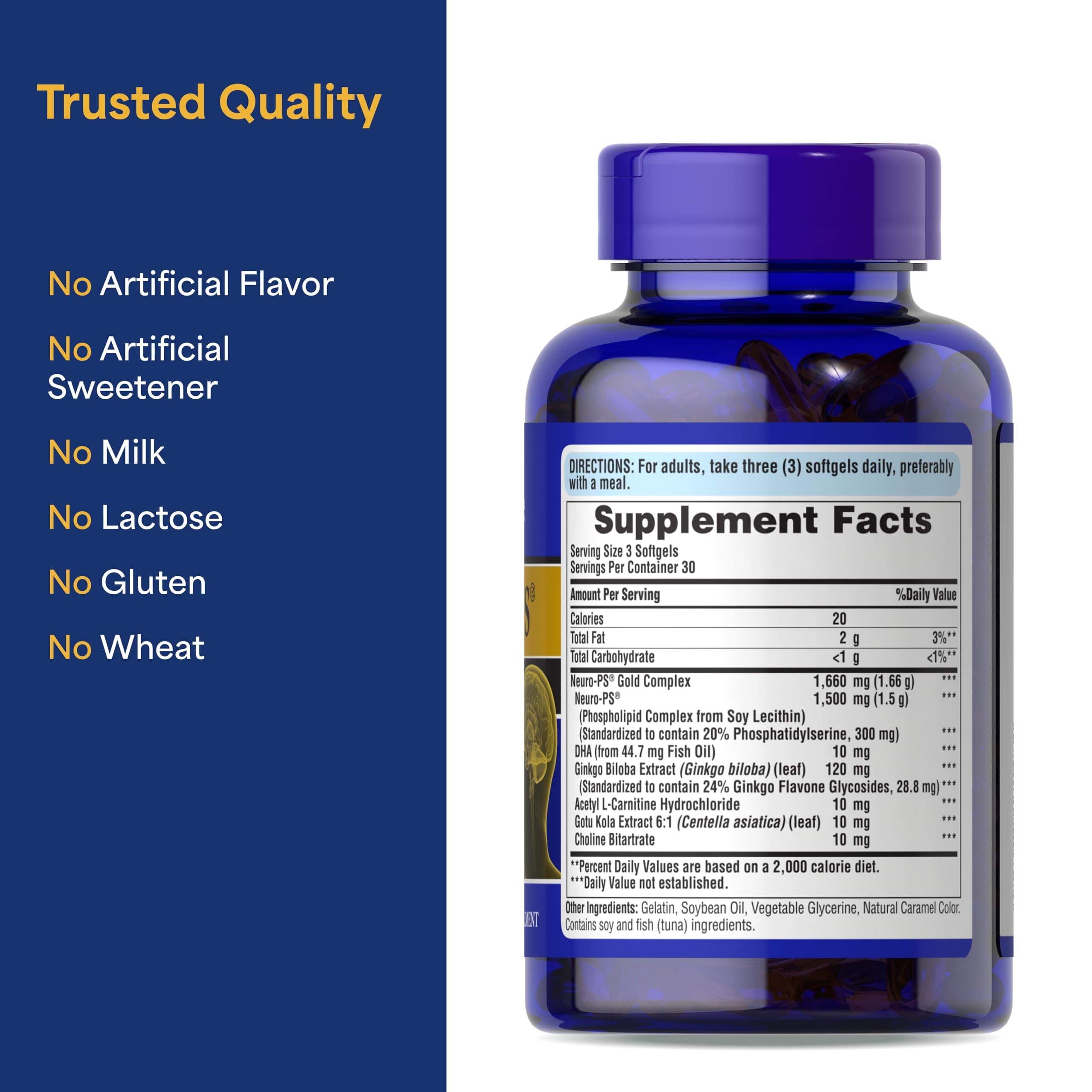 Puritan's Pride Neuro-PS Gold, Gingko Biloba, DHA Brain/Memory Support 90 Softge - Thumbnail 6