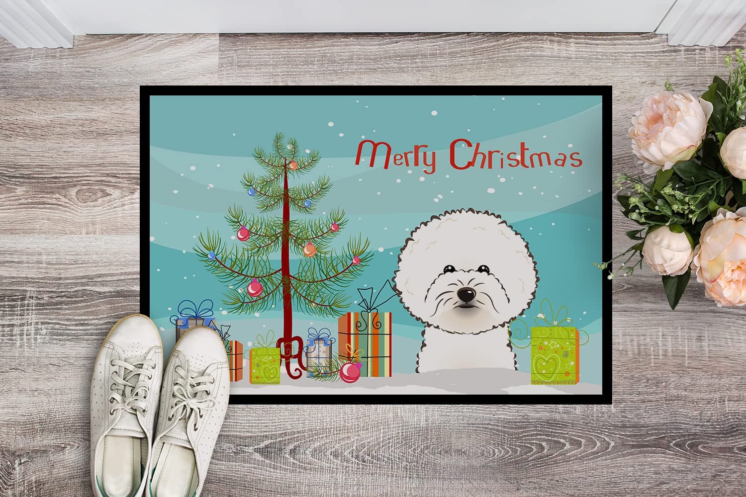 Caroline's Treasures BB1589MAT Christmas Tree and Bichon Frise Doormat 18x27 Fro - Thumbnail 2