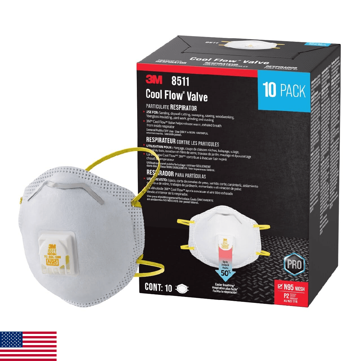 3M N95 Respirator 8511, 10 Pack, NIOSH-APPROVED N95, Features 3M COOL FLOW Exhal - Image 1