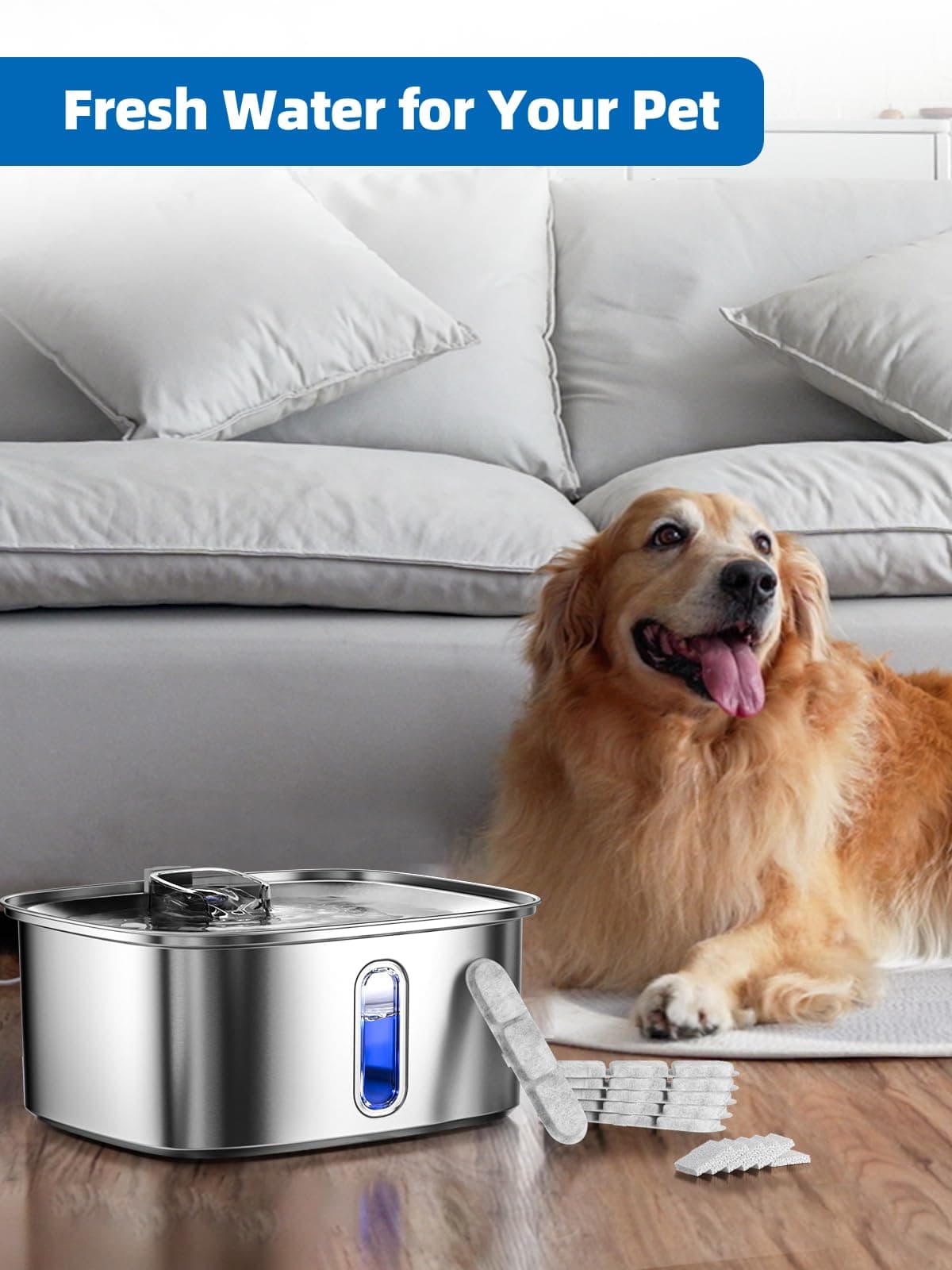 Dog Water Fountain for Large Dogs, 9L/2.4Gal Stainless Steel Dog Fountain with V - Thumbnail 7