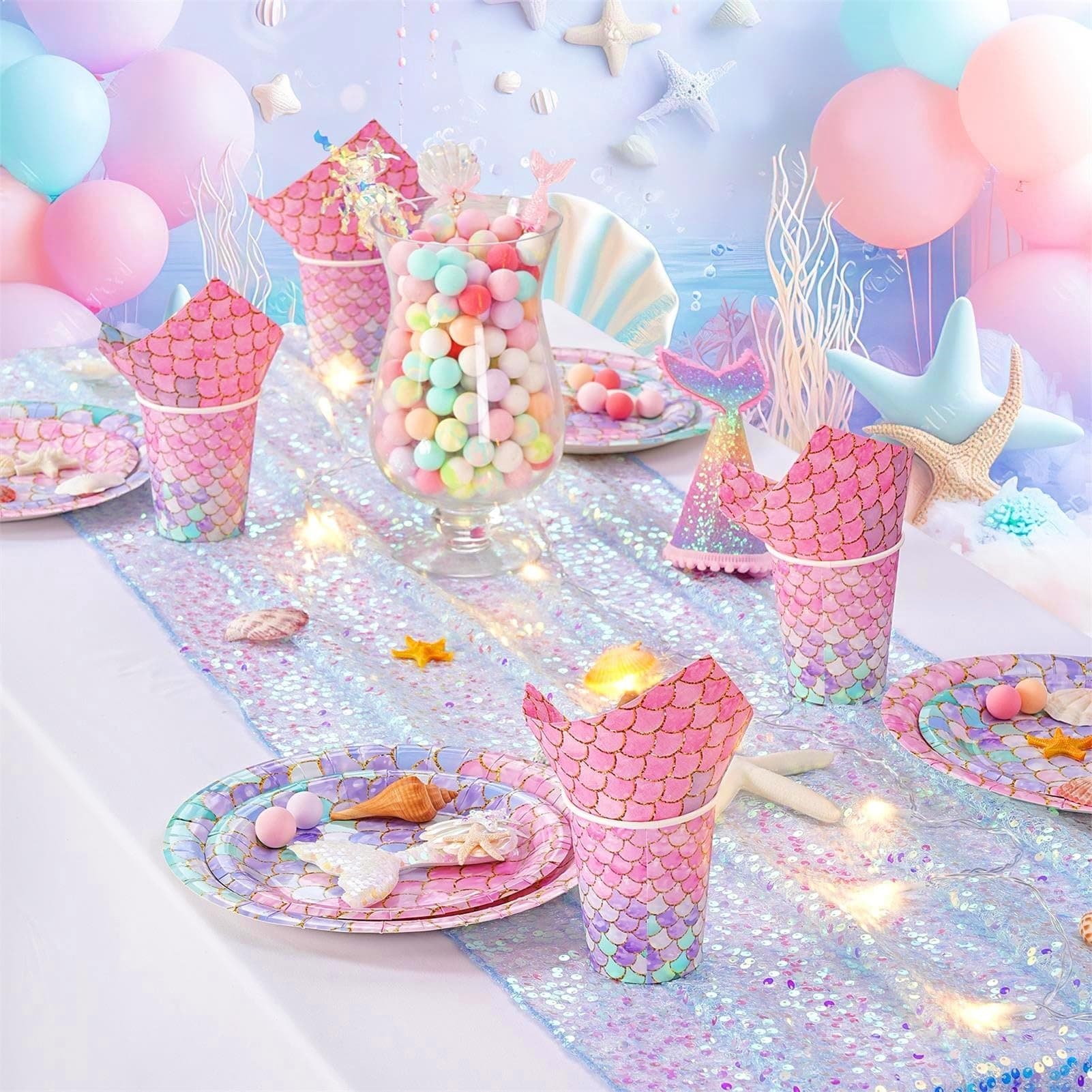 Iridescent Blue Table Runner 2pcs 25x120inch Sequin Table Runners 10ft Mermaid P - Thumbnail 2