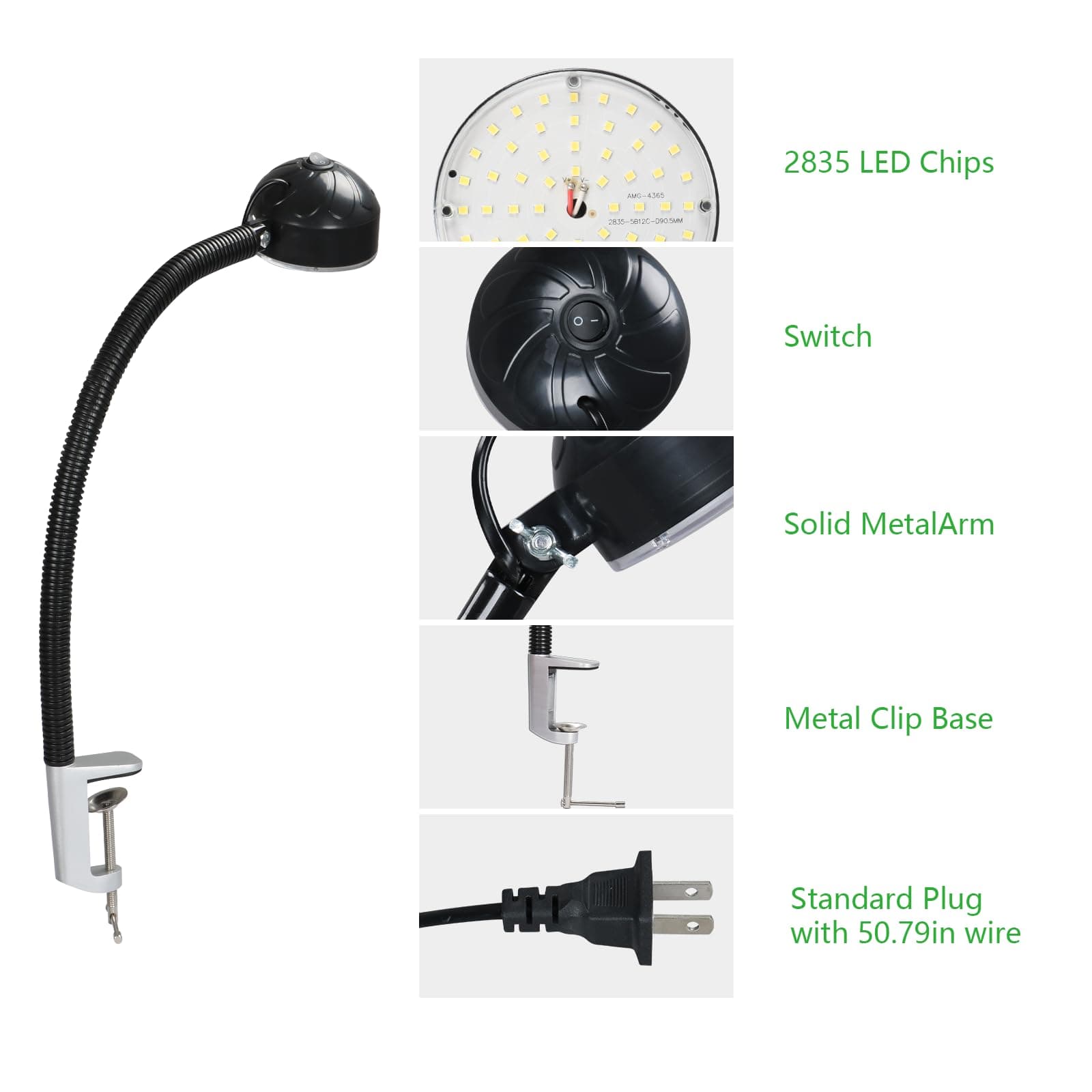 Xapolu LED Clamp Work Light with Flexible Gooseneck, 20W 2000 Lumens 6500K 110V - Thumbnail 4