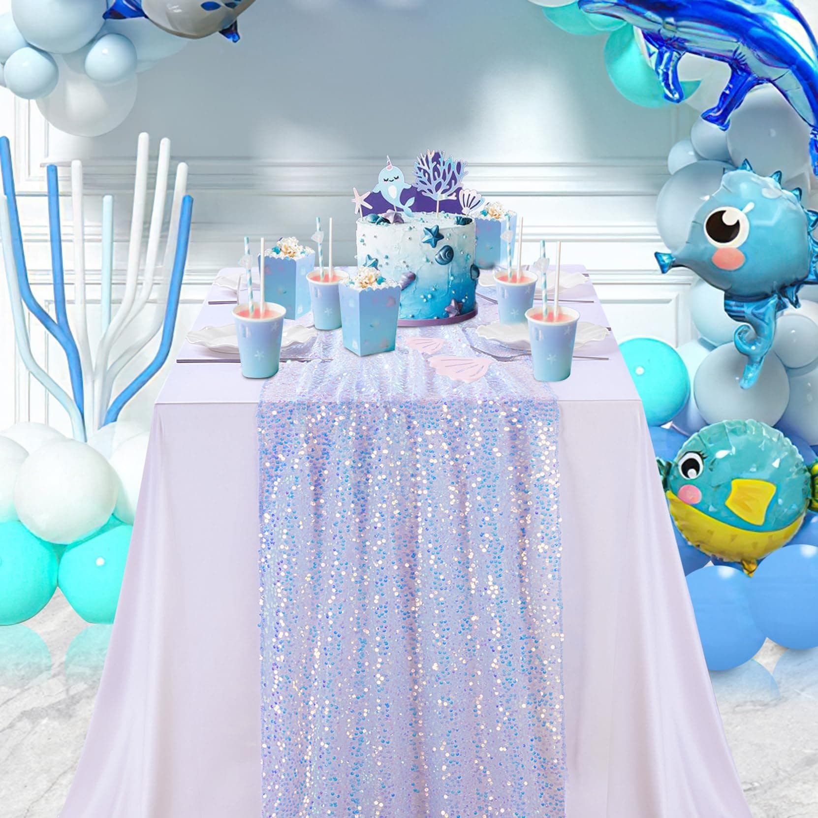 Iridescent Blue Table Runner 2pcs 25x120inch Sequin Table Runners 10ft Mermaid P - Thumbnail 6