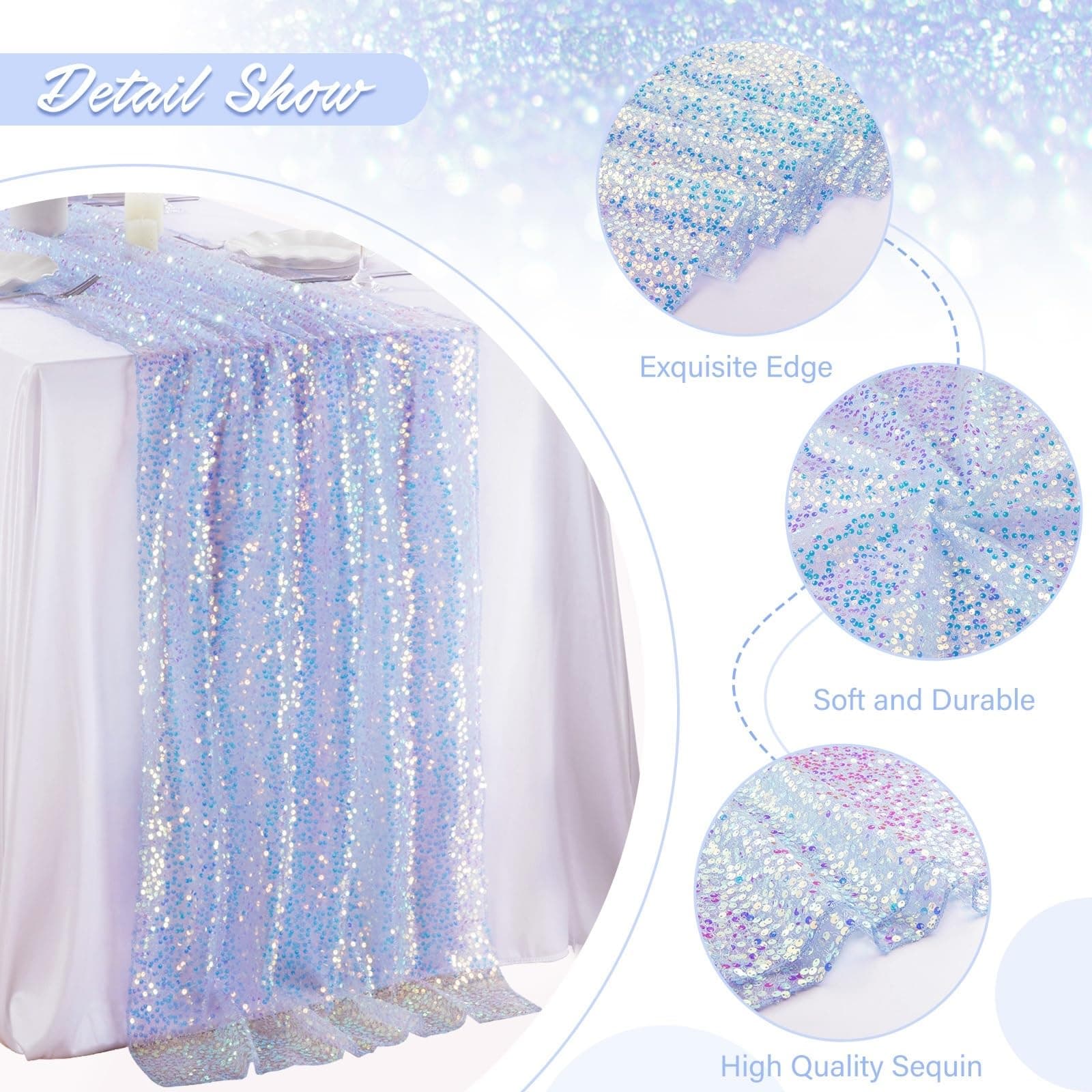Iridescent Blue Table Runner 2pcs 25x120inch Sequin Table Runners 10ft Mermaid P - Thumbnail 3