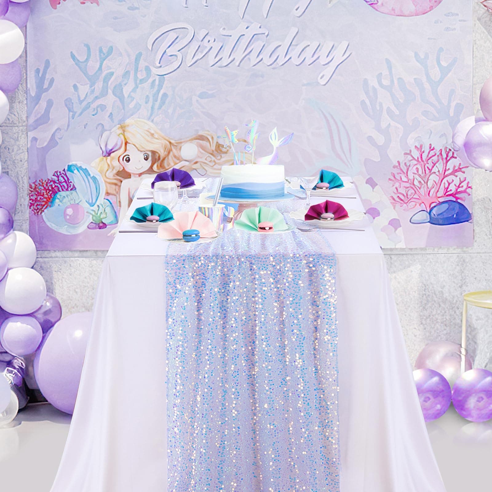 Iridescent Blue Table Runner 2pcs 25x120inch Sequin Table Runners 10ft Mermaid P - Thumbnail 4