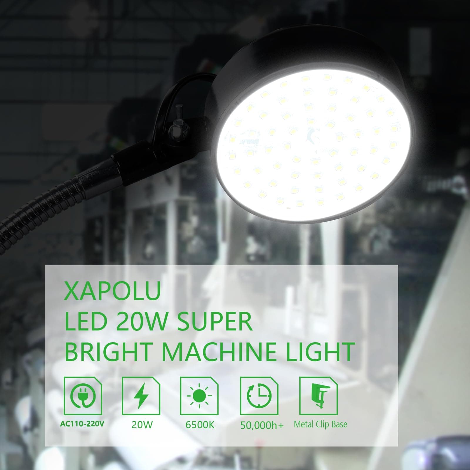 Xapolu LED Clamp Work Light with Flexible Gooseneck, 20W 2000 Lumens 6500K 110V - Thumbnail 2