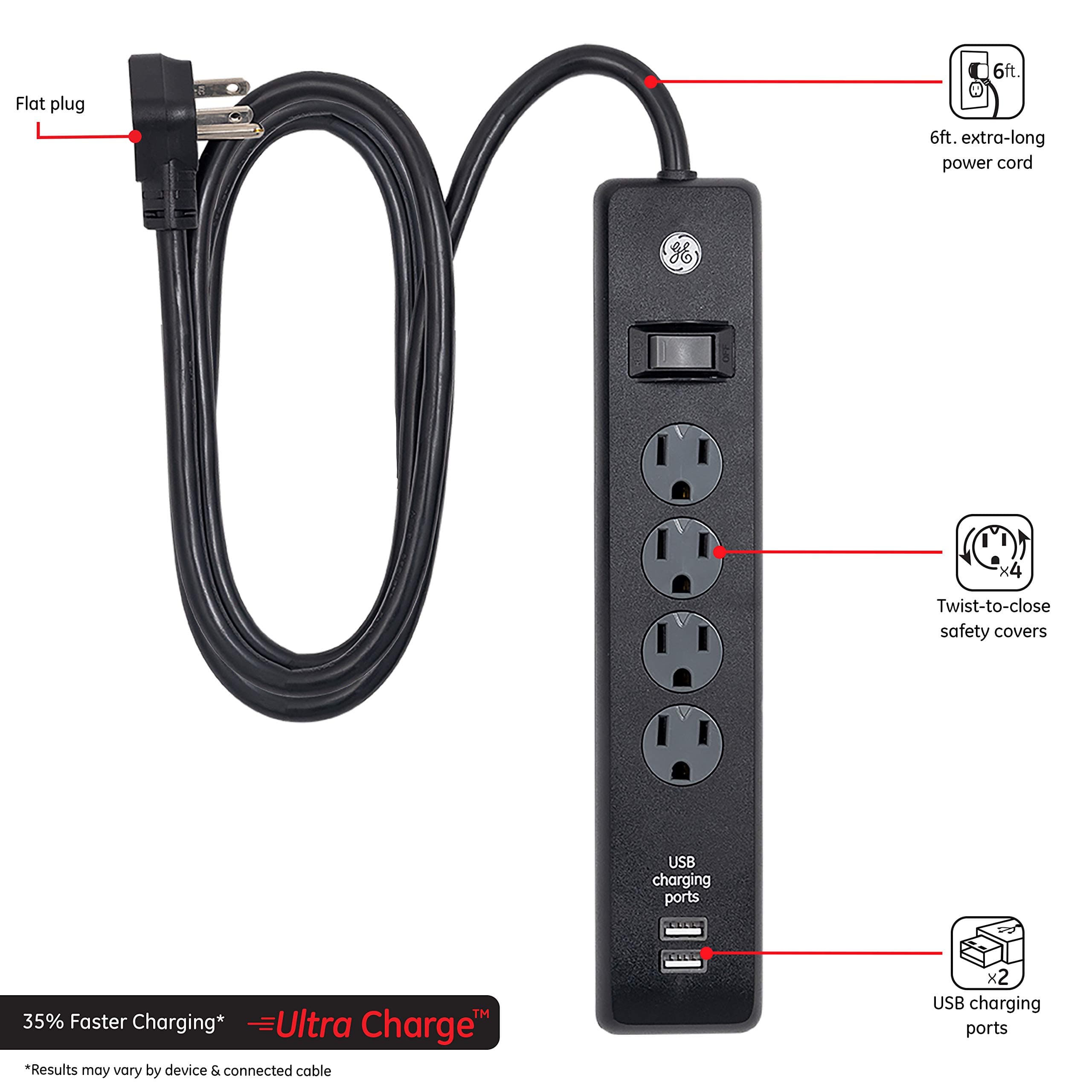 GE 4-Outlet Surge Protector, 2 USB Ports, 6ft Cord, Flat Plug, 450 Joules - Thumbnail 2