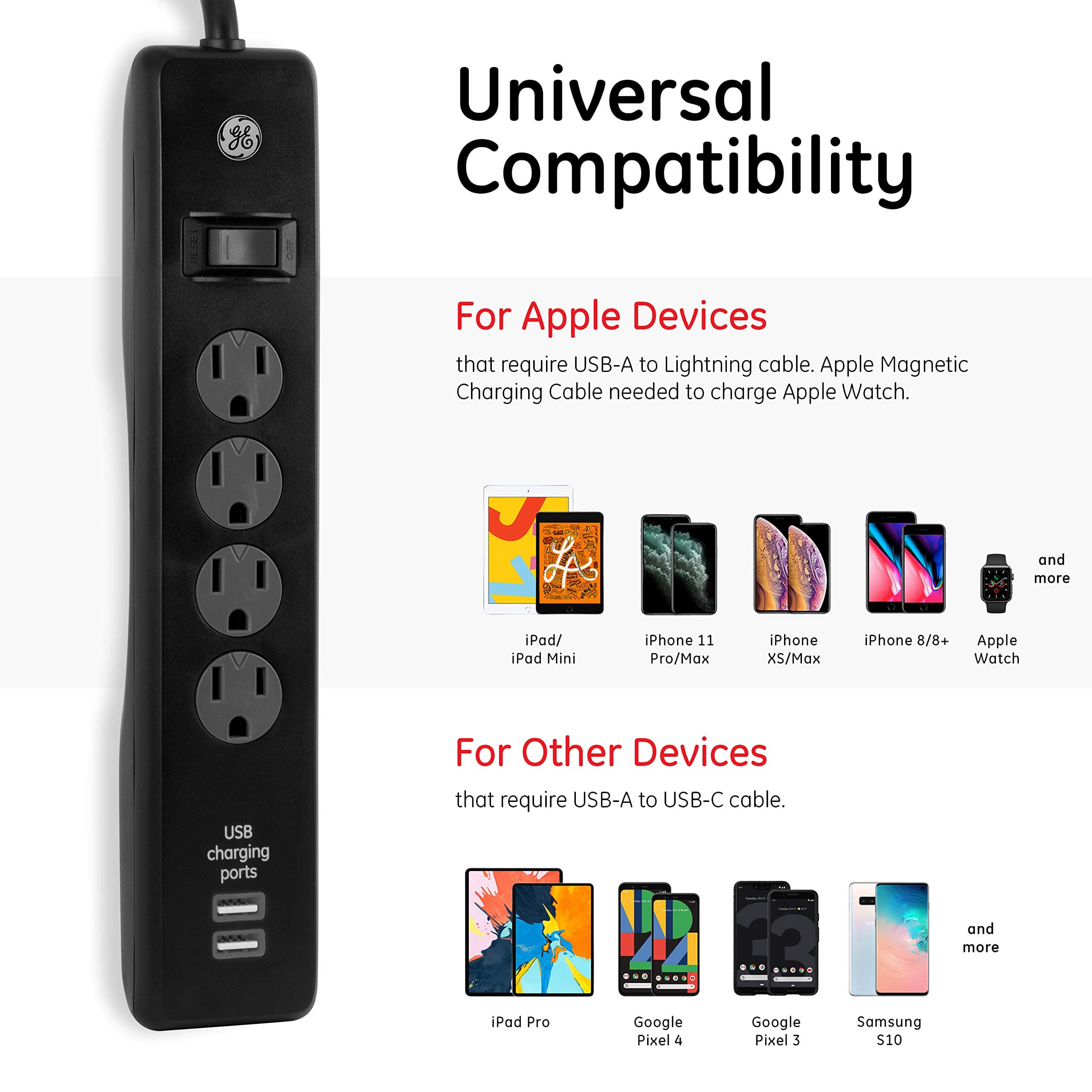 GE 4-Outlet Surge Protector, 2 USB Ports, 6ft Cord, Flat Plug, 450 Joules - Thumbnail 3