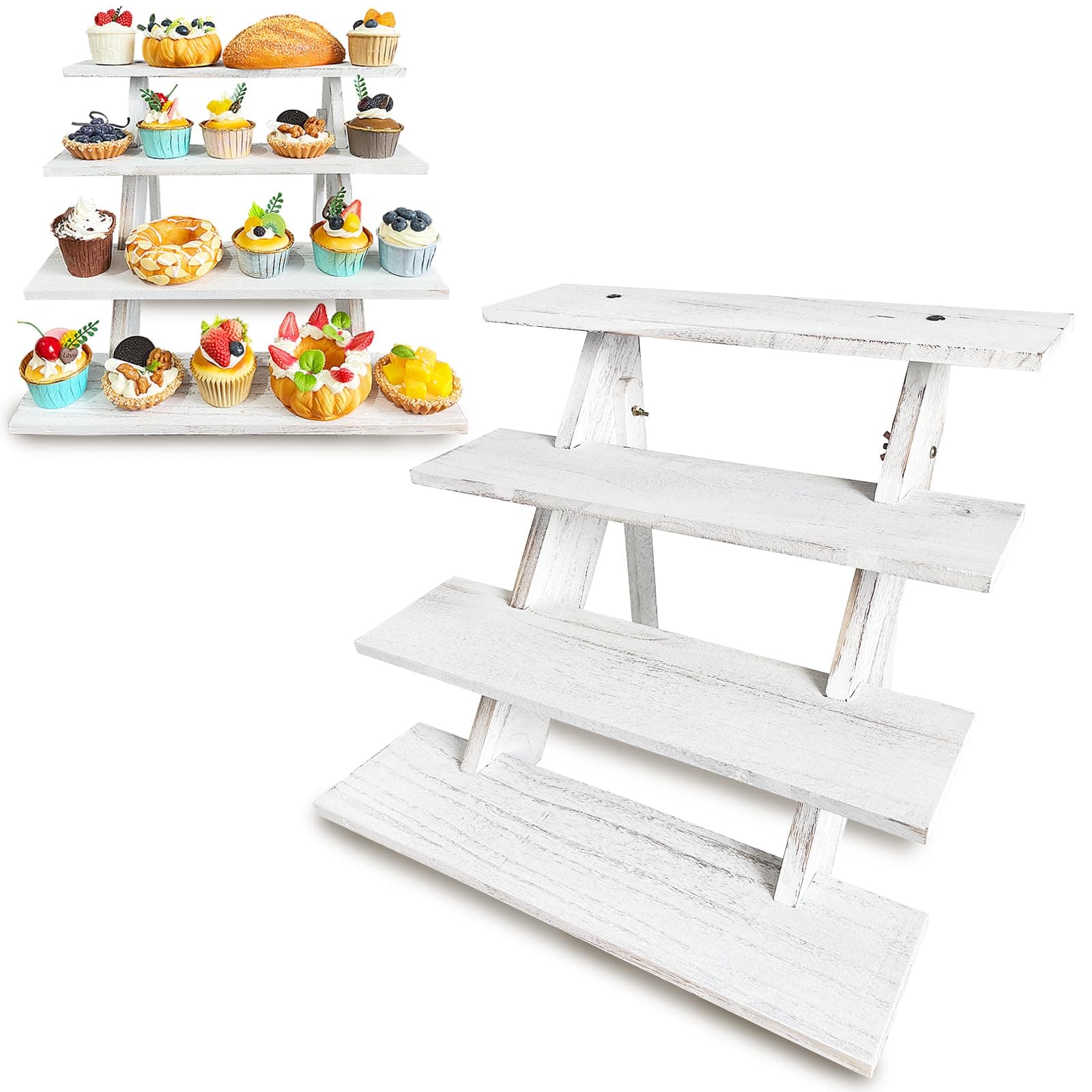 Umgozrz Wooden Cupcake Stand 4 Tier White Cupcake Stand Rustic Wood Cake Stand f - Thumbnail 2