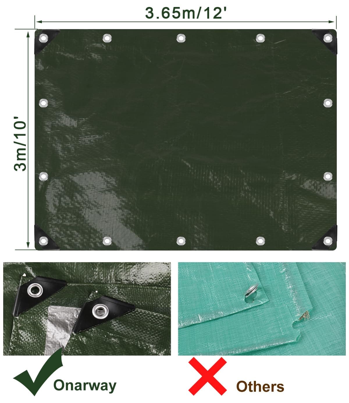 Onarway Poly Tarps Waterproof for Outdoor: Green Tarpaulin 6Mil Thicken 10x12 Ft - Thumbnail 2