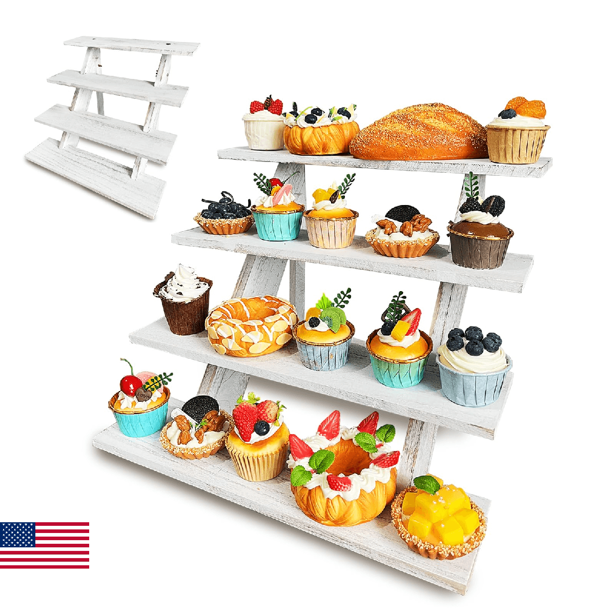 Umgozrz Wooden Cupcake Stand 4 Tier White Cupcake Stand Rustic Wood Cake Stand f - Image 1