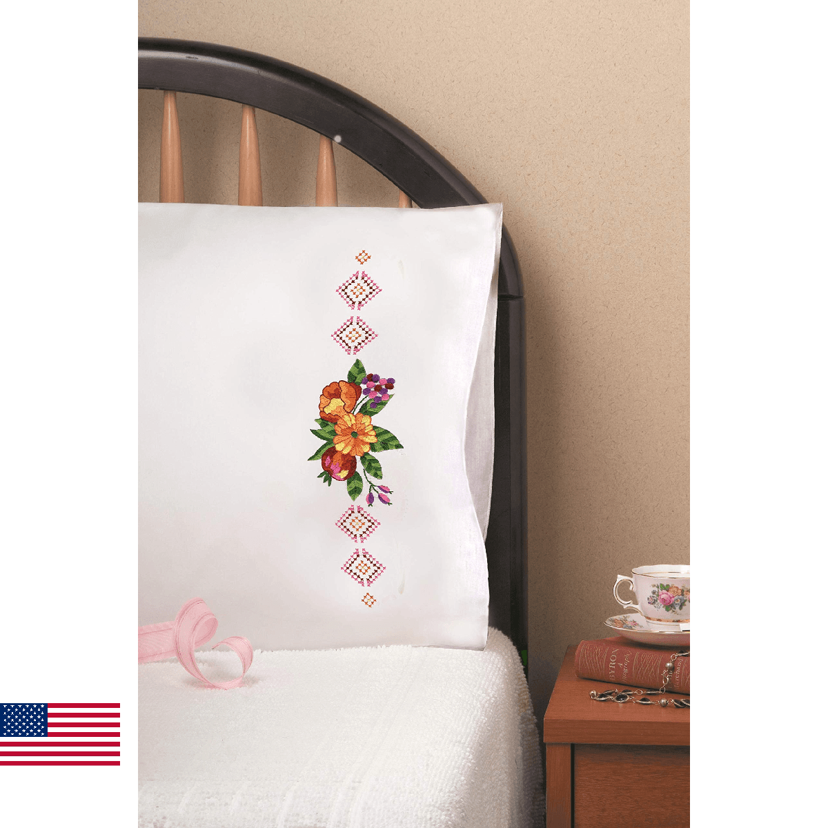 Design Works Crafts Tobin Stamped Pillowcases, Passion Flowers, 20" x 30" Embroi - Image 1