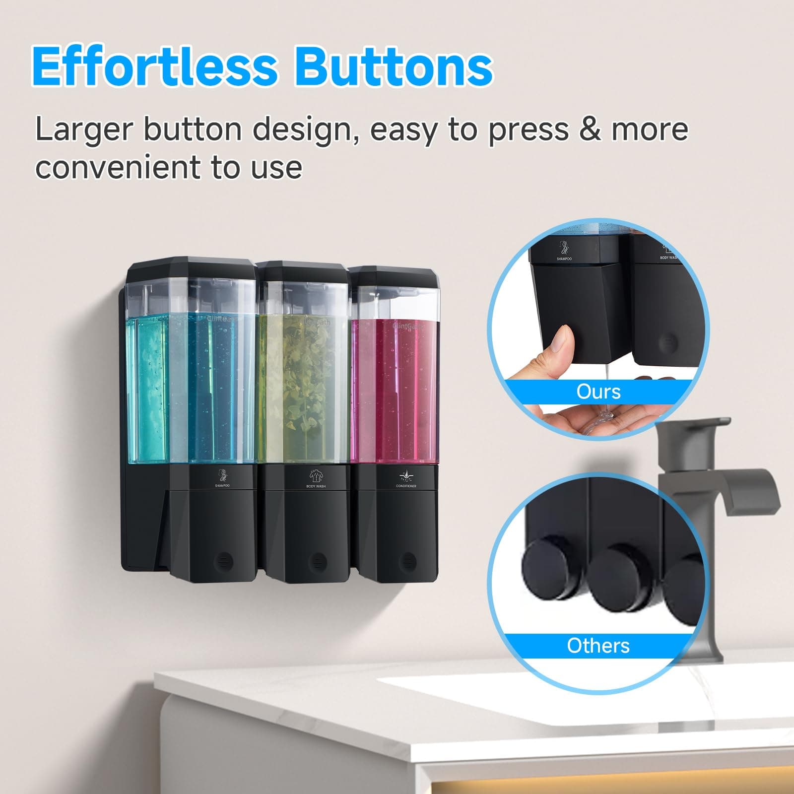 GlintGath Shower Dispenser 3 Chamber No Drill Wall Mounted Shampoo Conditioner B - Thumbnail 6