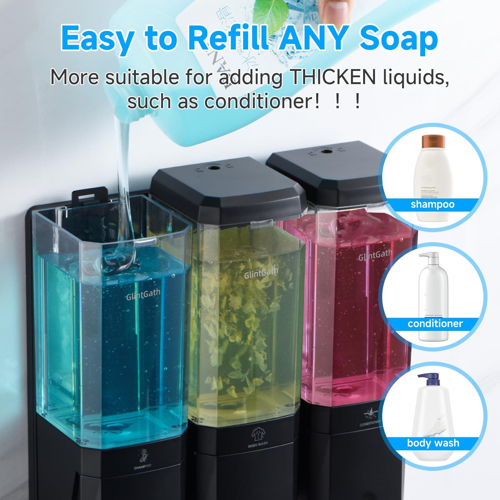 GlintGath Shower Dispenser 3 Chamber No Drill Wall Mounted Shampoo Conditioner B - Thumbnail 7