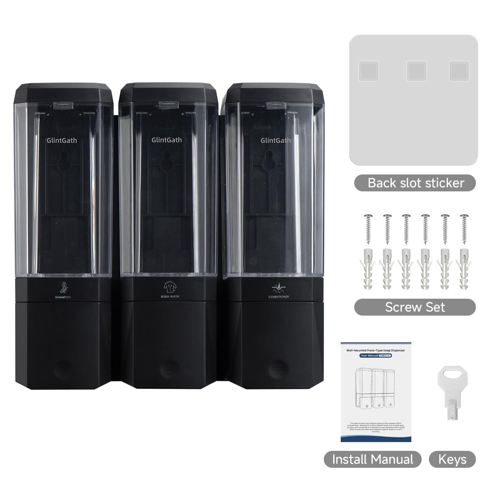 GlintGath Shower Dispenser 3 Chamber No Drill Wall Mounted Shampoo Conditioner B - Thumbnail 8