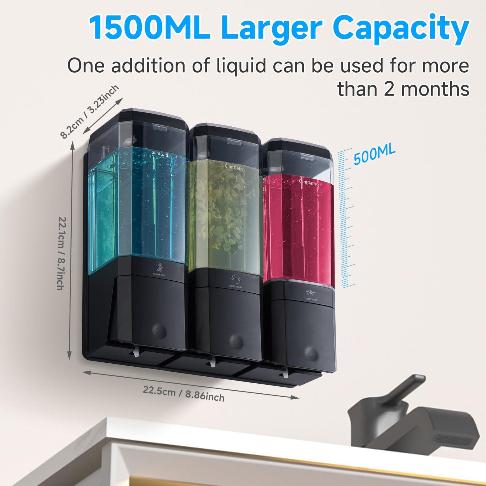 GlintGath Shower Dispenser 3 Chamber No Drill Wall Mounted Shampoo Conditioner B - Thumbnail 3