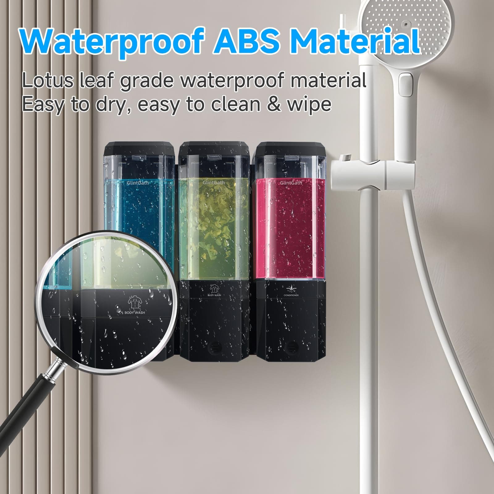 GlintGath Shower Dispenser 3 Chamber No Drill Wall Mounted Shampoo Conditioner B - Thumbnail 5