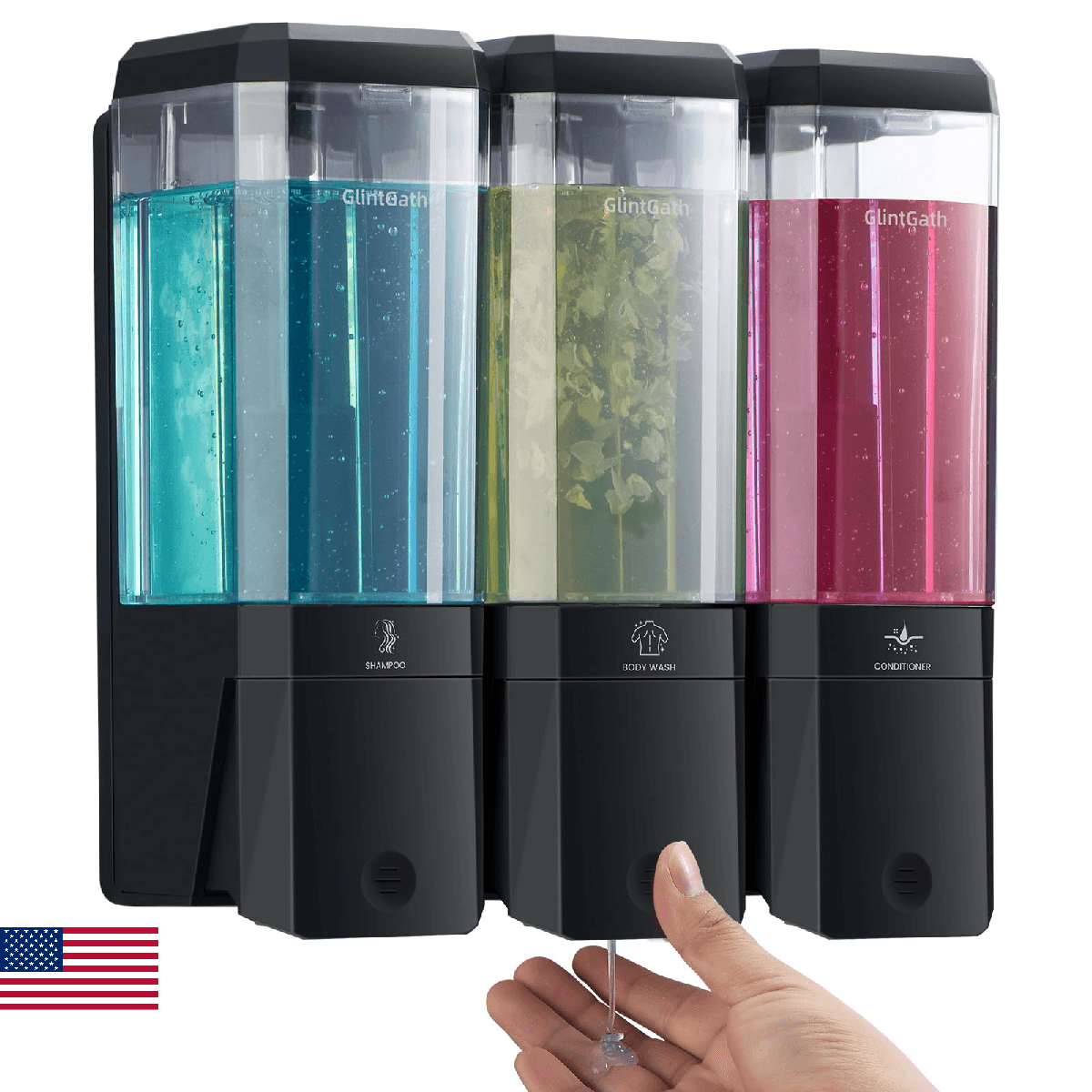 GlintGath Shower Dispenser 3 Chamber No Drill Wall Mounted Shampoo Conditioner B - Image 1