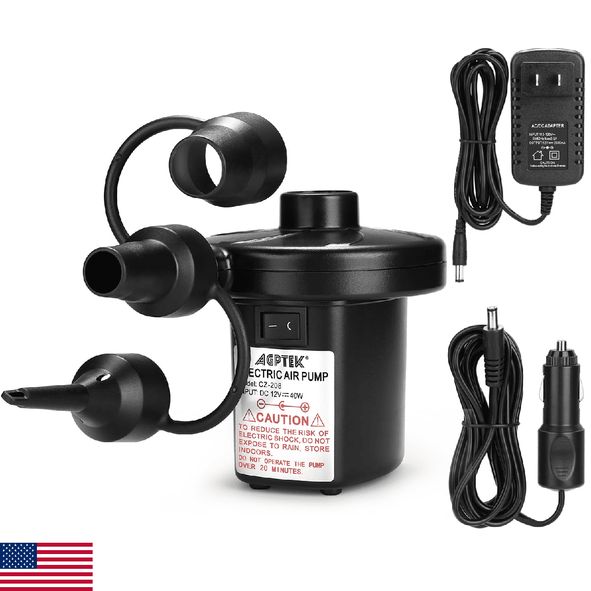 AGPTEK Electric Air Pump,Portable Air Pump with 3 Nozzles, 4.5kPa Quick-Fill,110 - Image 1