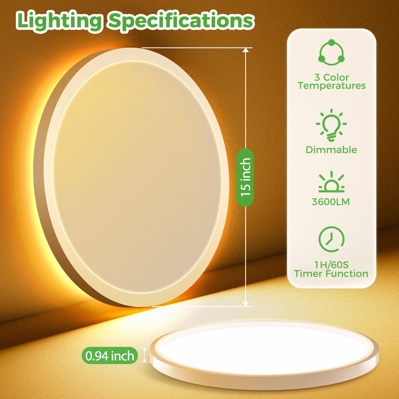 zemty 15 Inch LED Ceiling Light with Night Light 1800K, 3000K/4000K/6500K Dimmab - Thumbnail 6