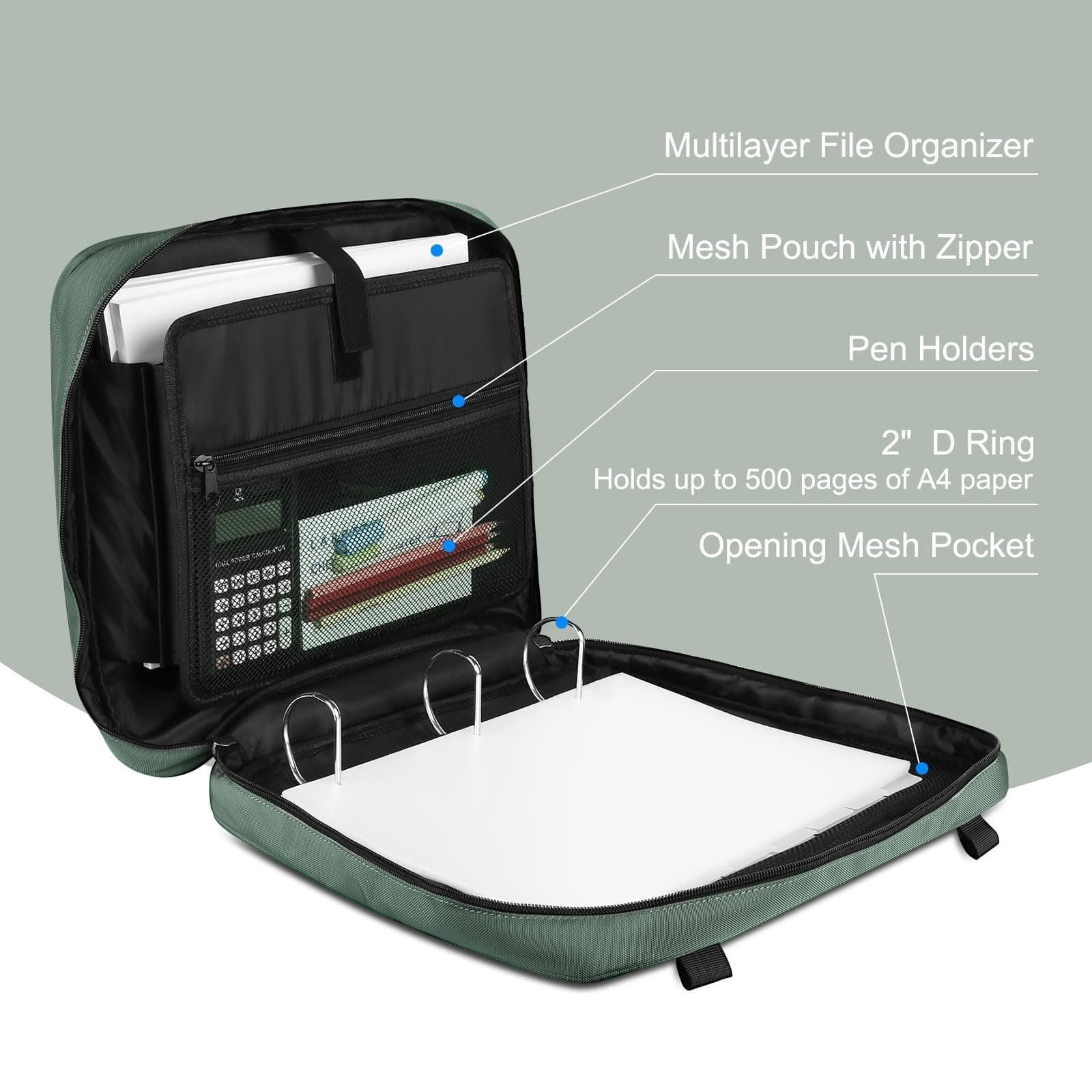 Zipper Binder Bag, 2-inch 3-Rings with Multiple Pockets File Folder - 500 Sheet - Thumbnail 3