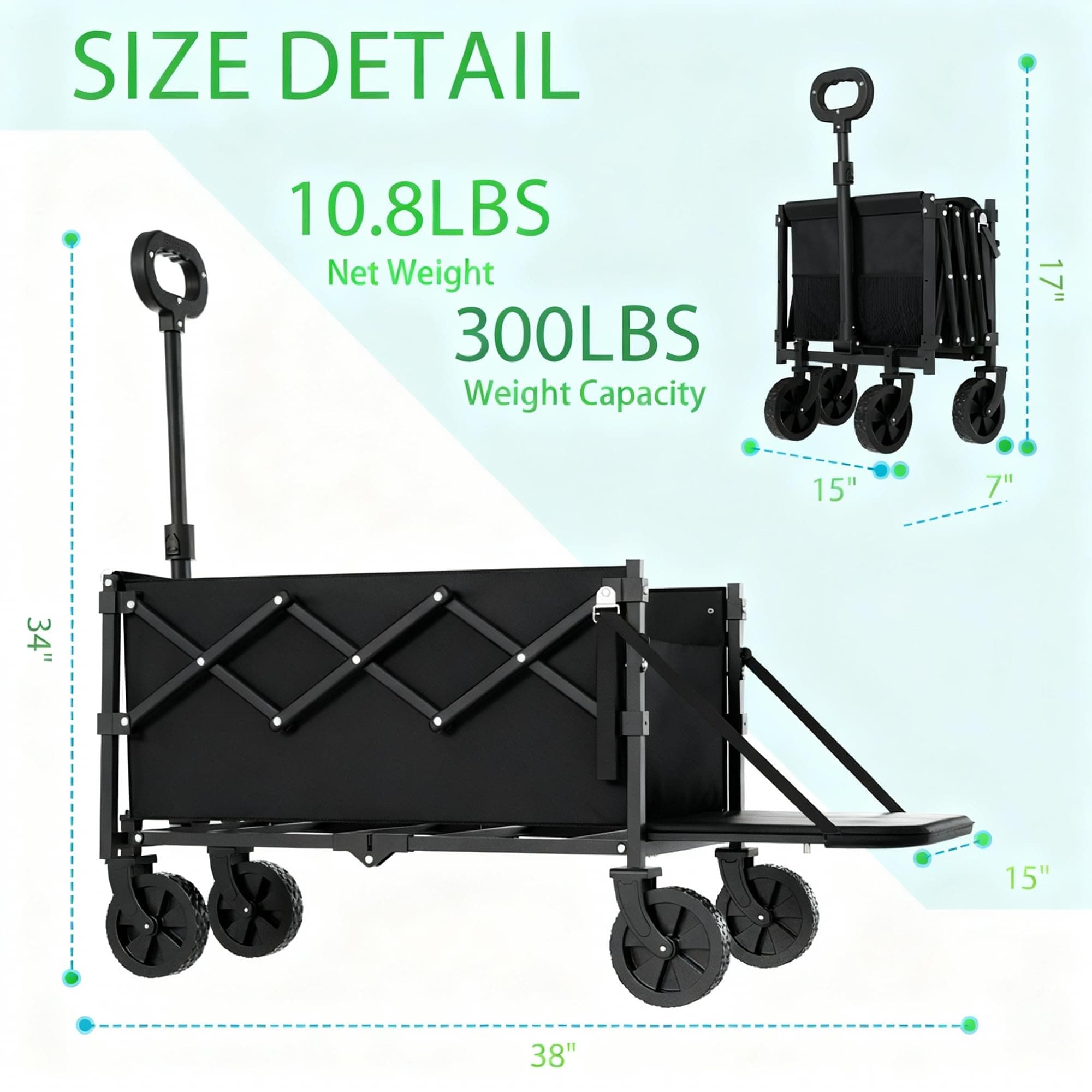 Canpsky Collapsible Wagon with Tailgate, Wagons Carts Foldable with 350lbs Capac - Thumbnail 3