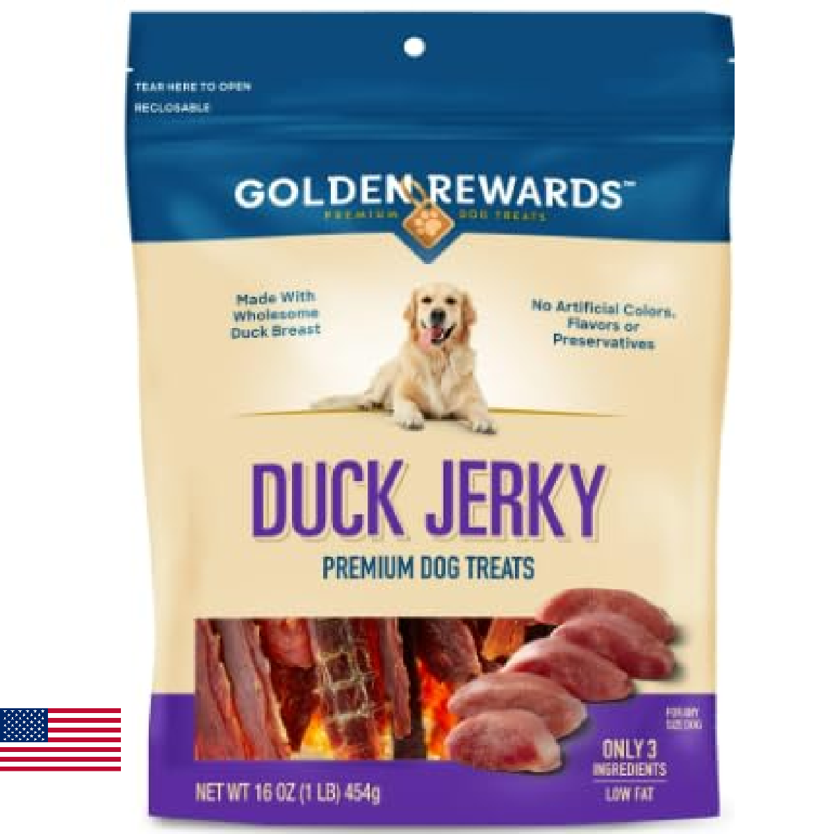 Golden Rewards Duck Jerky Premium Treats for Dogs, 16 oz Bag - Image 1