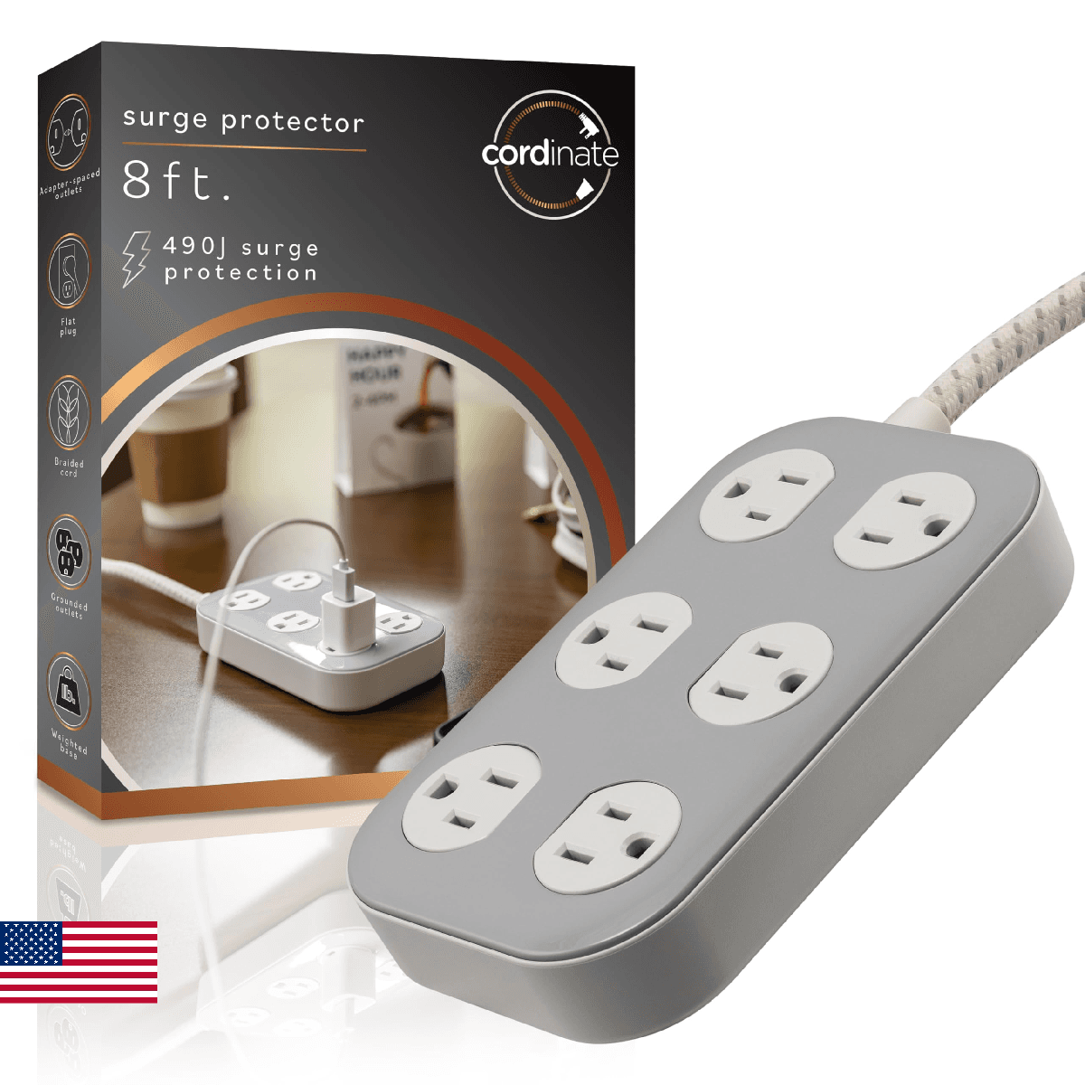 Cordinate Adapt 6 Widely Spaced Multiple Outlets Surge Protector Power Strip 8 f - Image 1