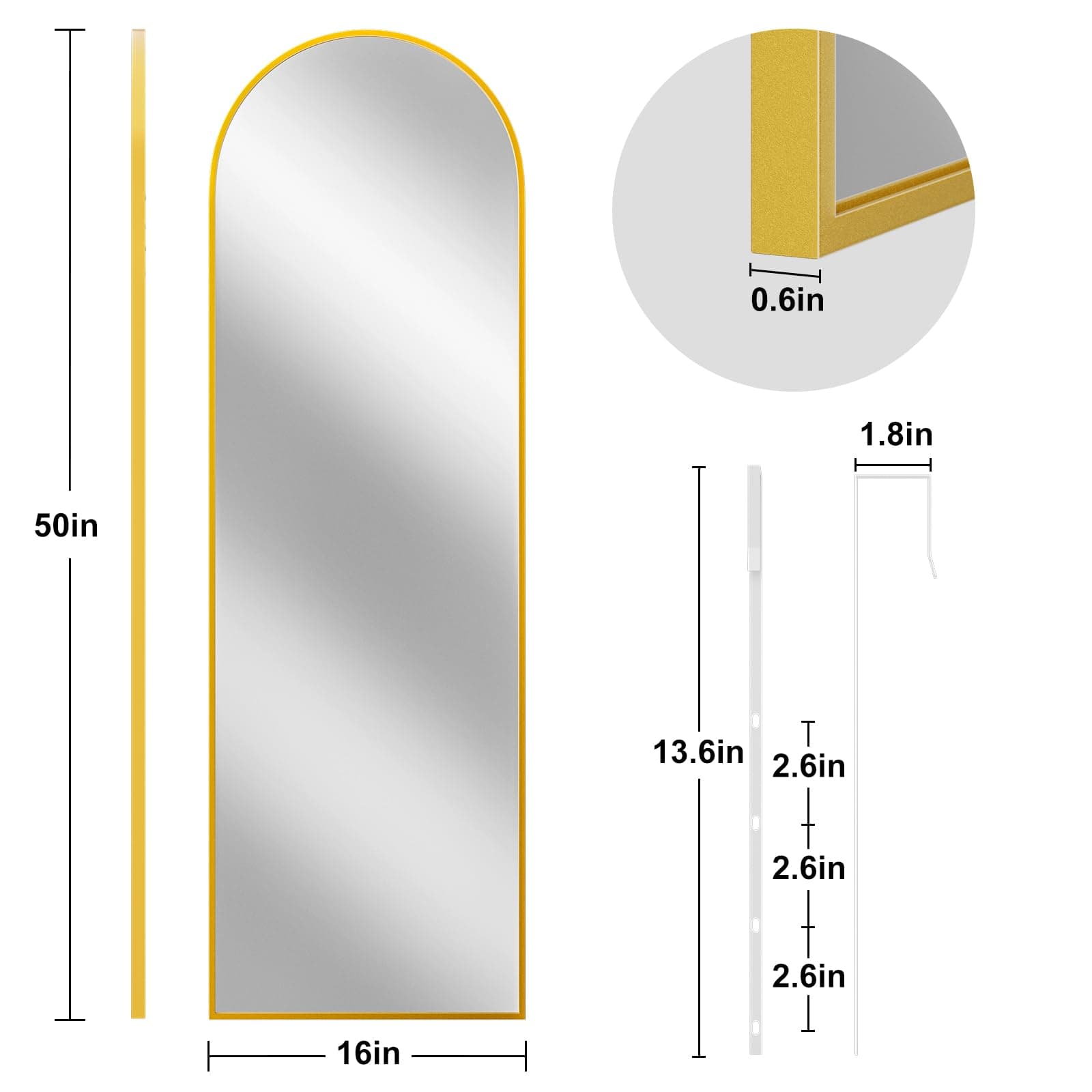 Rowjut Full Length Door Mirror, Wall Mounted Wall Mirrors, 50"X16" Arched Behind - Thumbnail 6