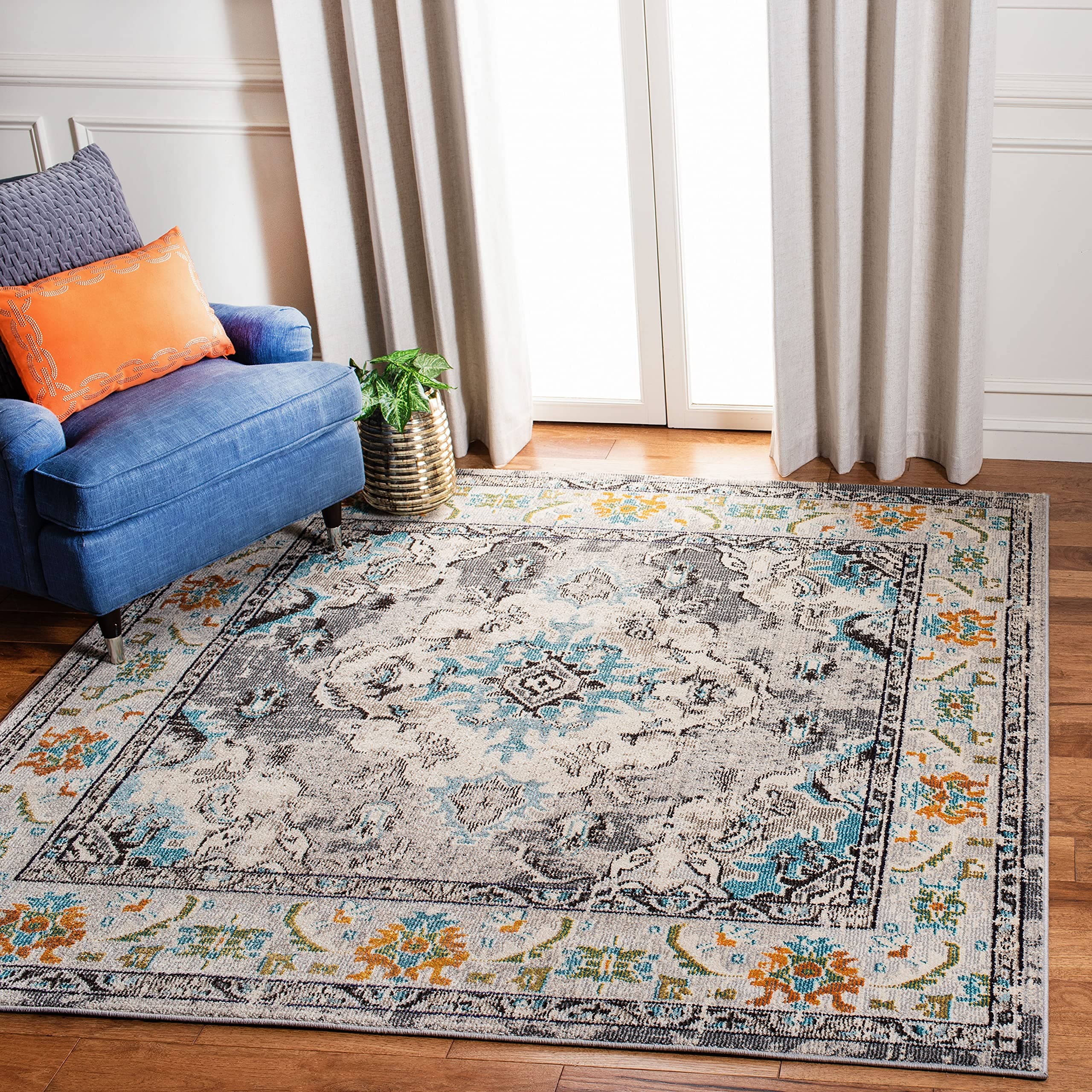SAFAVIEH Monaco Collection Area Rug - 3' Square, Grey & Light Blue, Non-Shedding - Thumbnail 2
