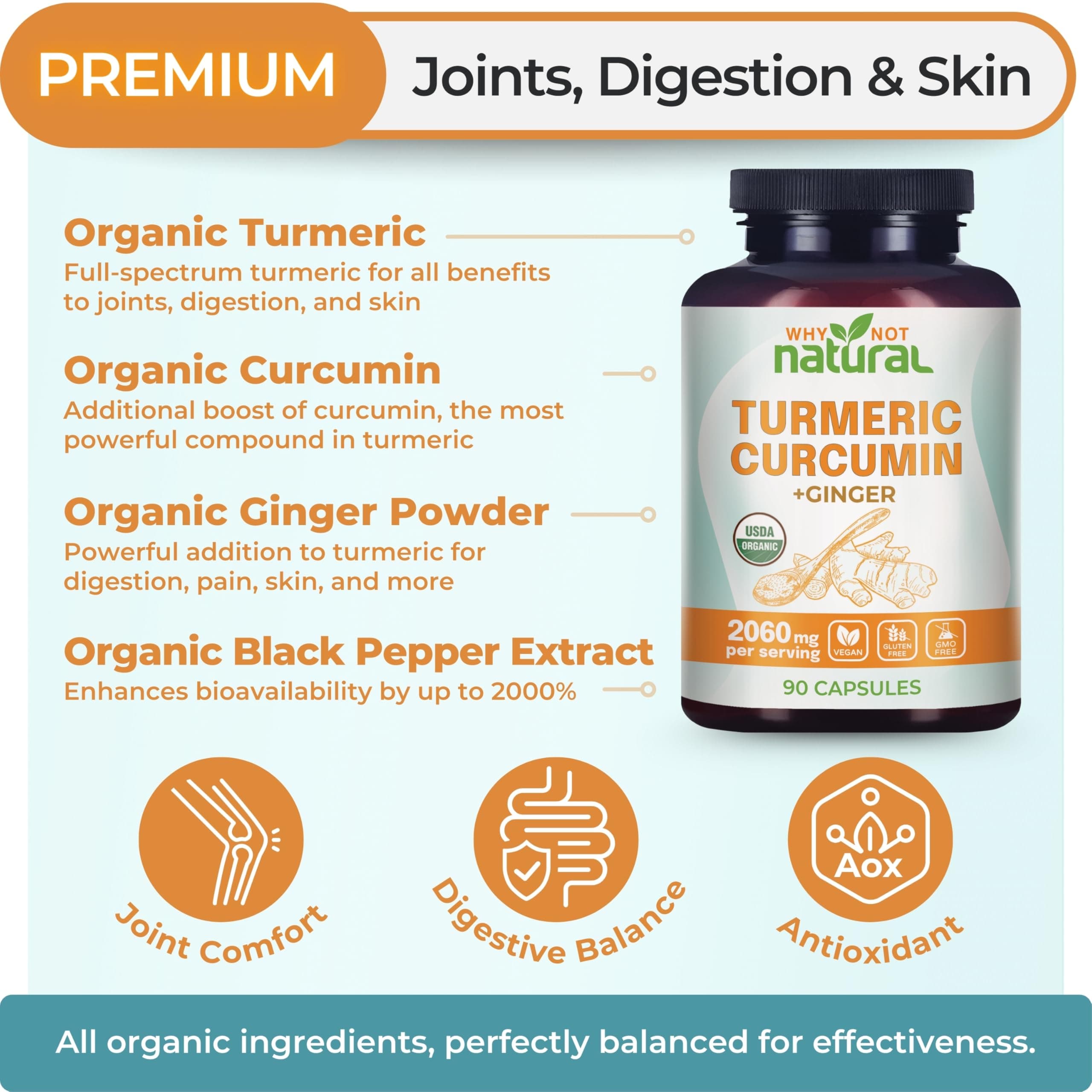 Organic Turmeric Curcumin Supplement in Capsules with Ginger and Black Pepper - - Thumbnail 2