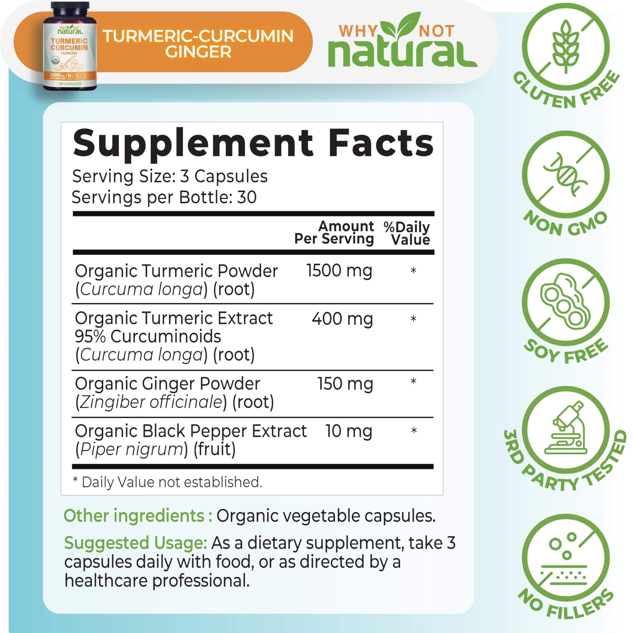 Organic Turmeric Curcumin Supplement in Capsules with Ginger and Black Pepper - - Thumbnail 4