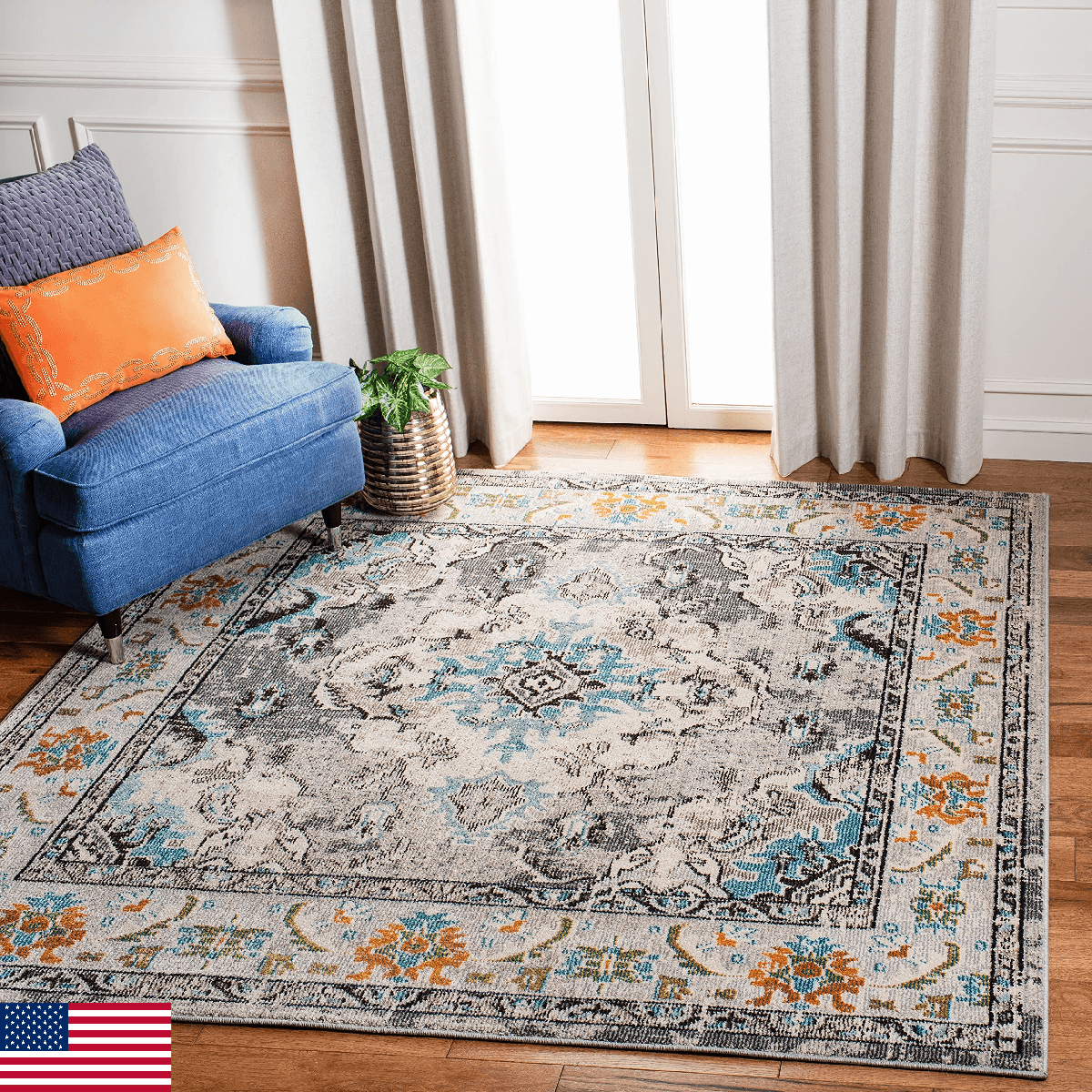 SAFAVIEH Monaco Collection Area Rug - 3' Square, Grey & Light Blue, Non-Shedding - Image 1