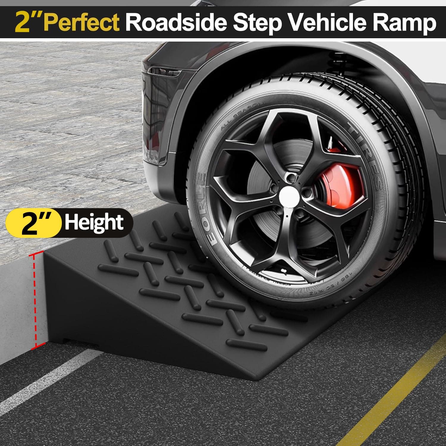 2 Pcs 2" Rubber Curb Ramp Threshold Ramps Heavy Duty 3 Ton Capacity Car Driveway - Thumbnail 2